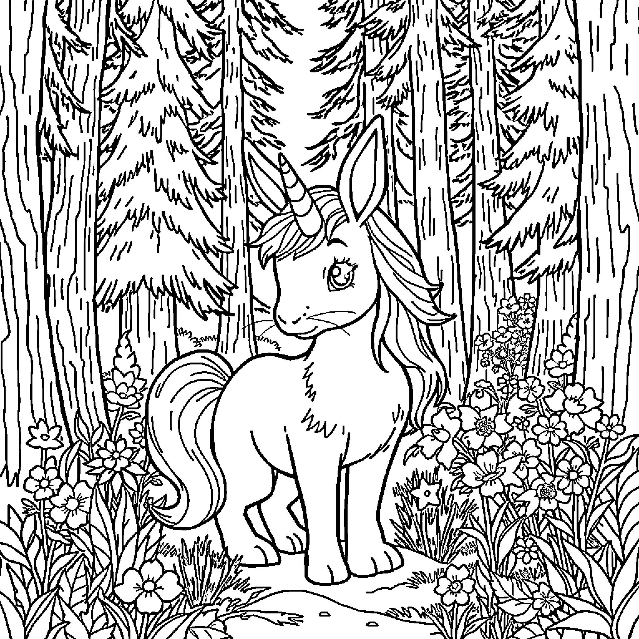 Bunny Unicorn standing amidst forest flora Coloring Page (free black-and-white line drawing printable PDF for all, from beginners to advanced learners, including children, teens, adults, and seniors)