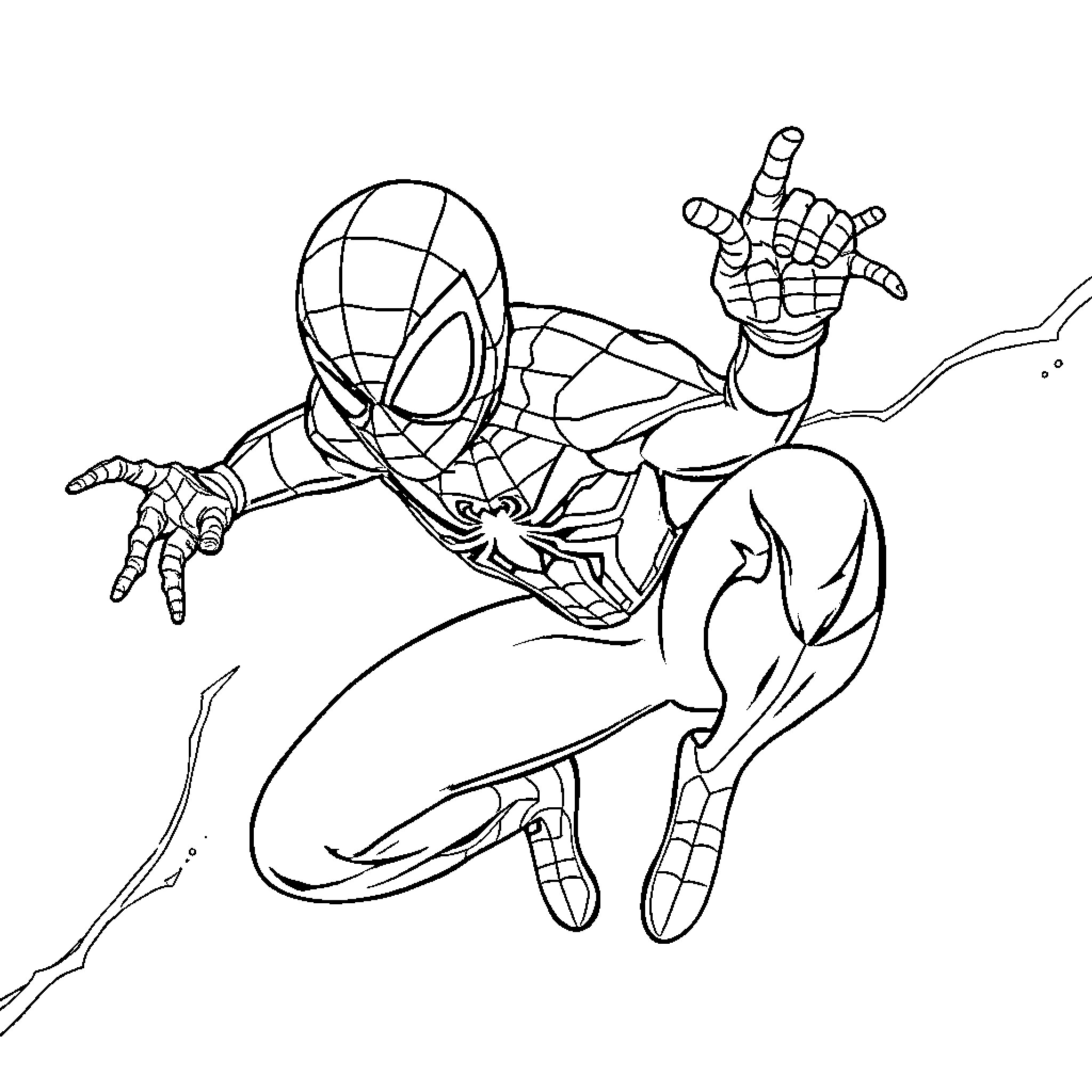 Spiderman swinging into action with web-slinging moves Coloring Page (free black-and-white line drawing printable PDF for all, from beginners to advanced learners, including children, teens, adults, and seniors)