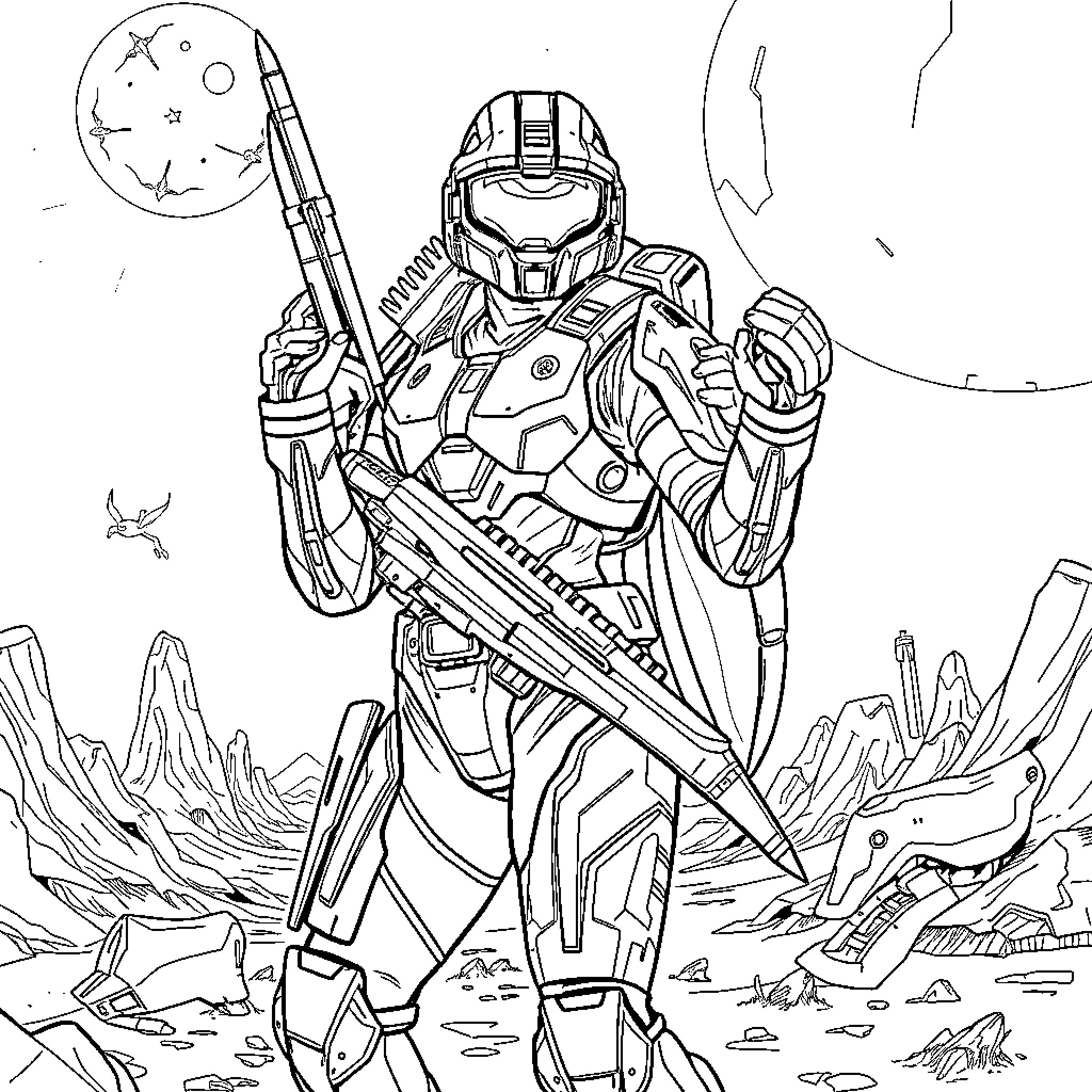 Halo Spartan in Tactical Gear Wielding Weapons Coloring Page (free black-and-white line drawing printable PDF for all, from beginners to advanced learners, including children, teens, adults, and seniors)