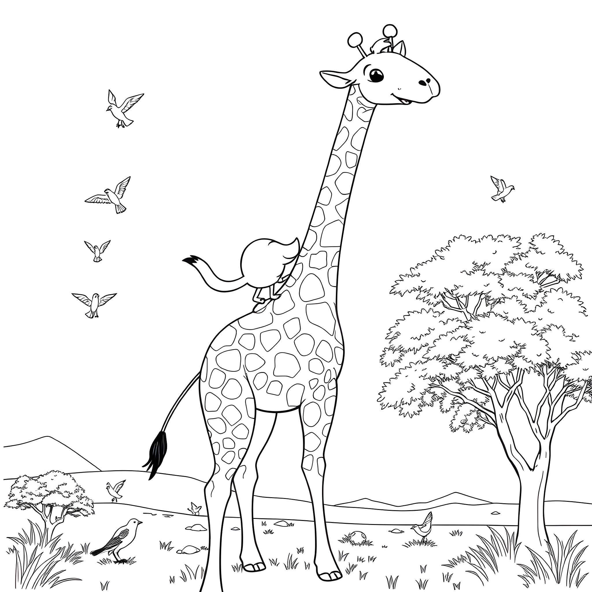 Dog Giraffe exploring nature with birds Coloring Page (free black-and-white line drawing printable PDF for all, from beginners to advanced learners, including children, teens, adults, and seniors)