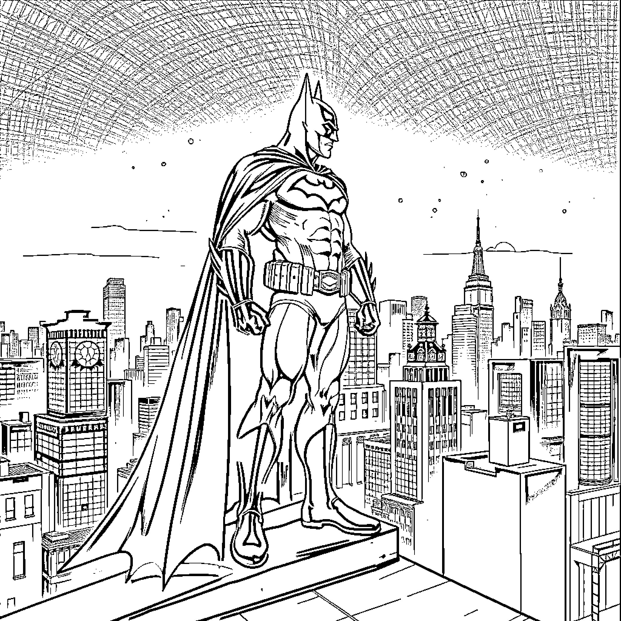 Batman surveying the city from a rooftop Coloring Page (free black-and-white line drawing printable PDF for all, from beginners to advanced learners, including children, teens, adults, and seniors)