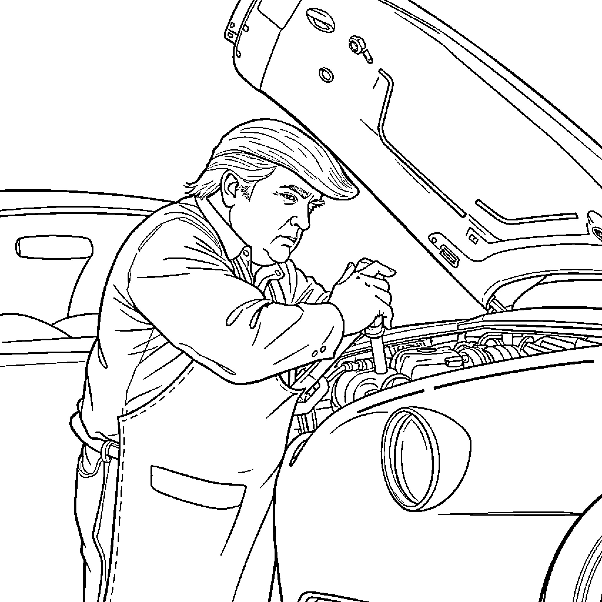Donald Trump working on his car engine Coloring Page (free black-and-white line drawing printable PDF for all, from beginners to advanced learners, including children, teens, adults, and seniors)