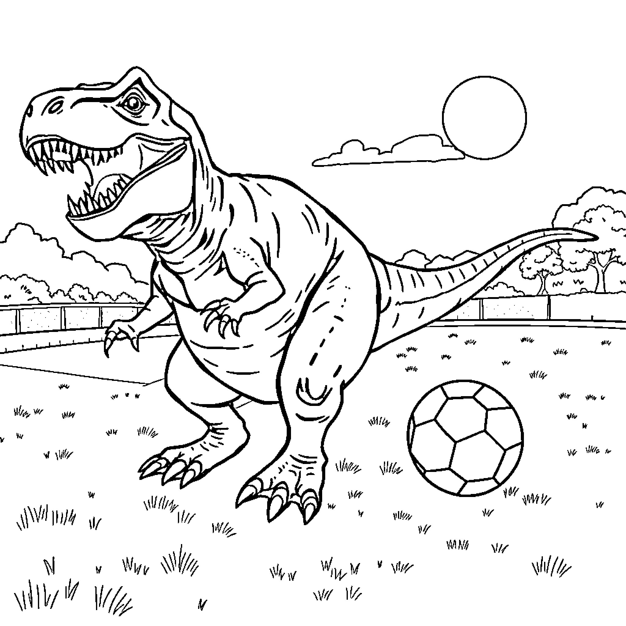 T-Rex playing soccer in the park Coloring Page (free black-and-white line drawing printable PDF for all, from beginners to advanced learners, including children, teens, adults, and seniors)
