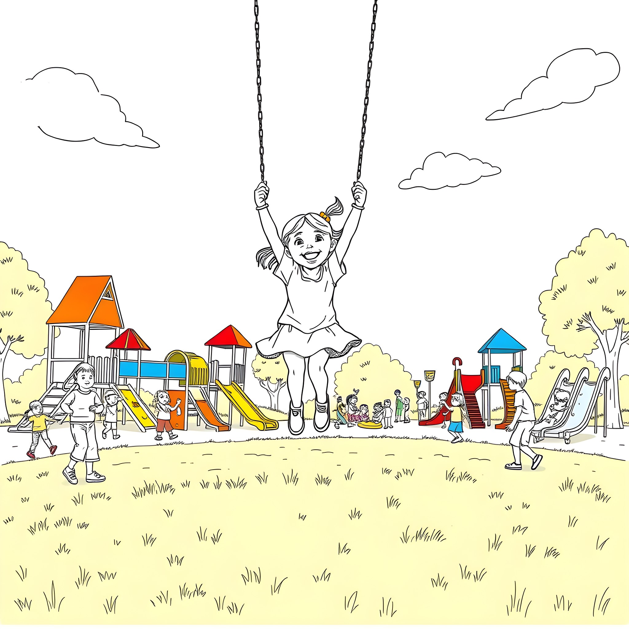 Girl playing joyfully on swing at colorful playground Coloring Page (free black-and-white line drawing printable PDF for all, from beginners to advanced learners, including children, teens, adults, and seniors)