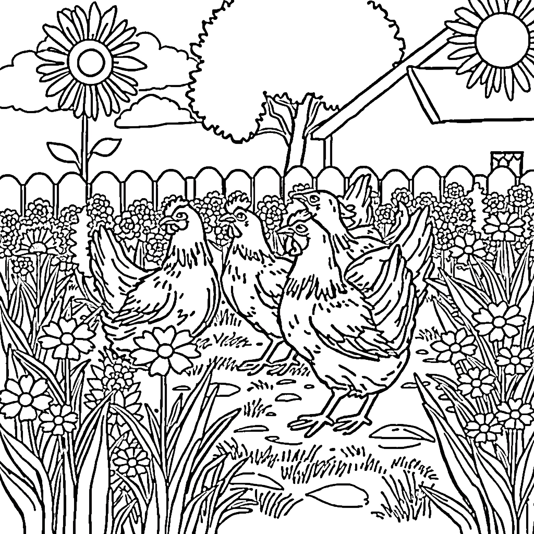 Chicken flock enjoying the sunny garden Coloring Page (free black-and-white line drawing printable PDF for all, from beginners to advanced learners, including children, teens, adults, and seniors)