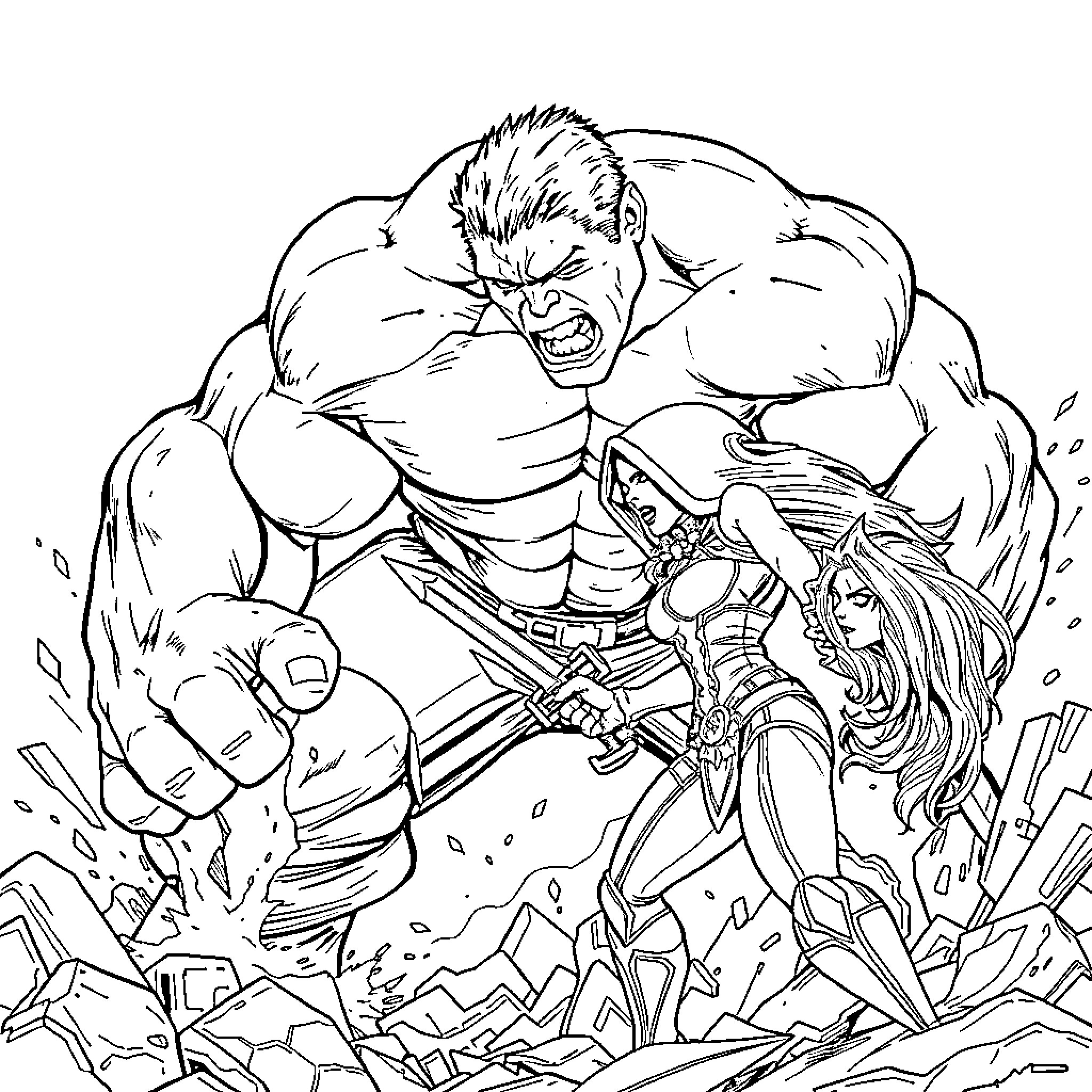 Hulk Engaged in Intense Battle with Armed Warrior Coloring Page (free black-and-white line drawing printable PDF for all, from beginners to advanced learners, including children, teens, adults, and seniors)