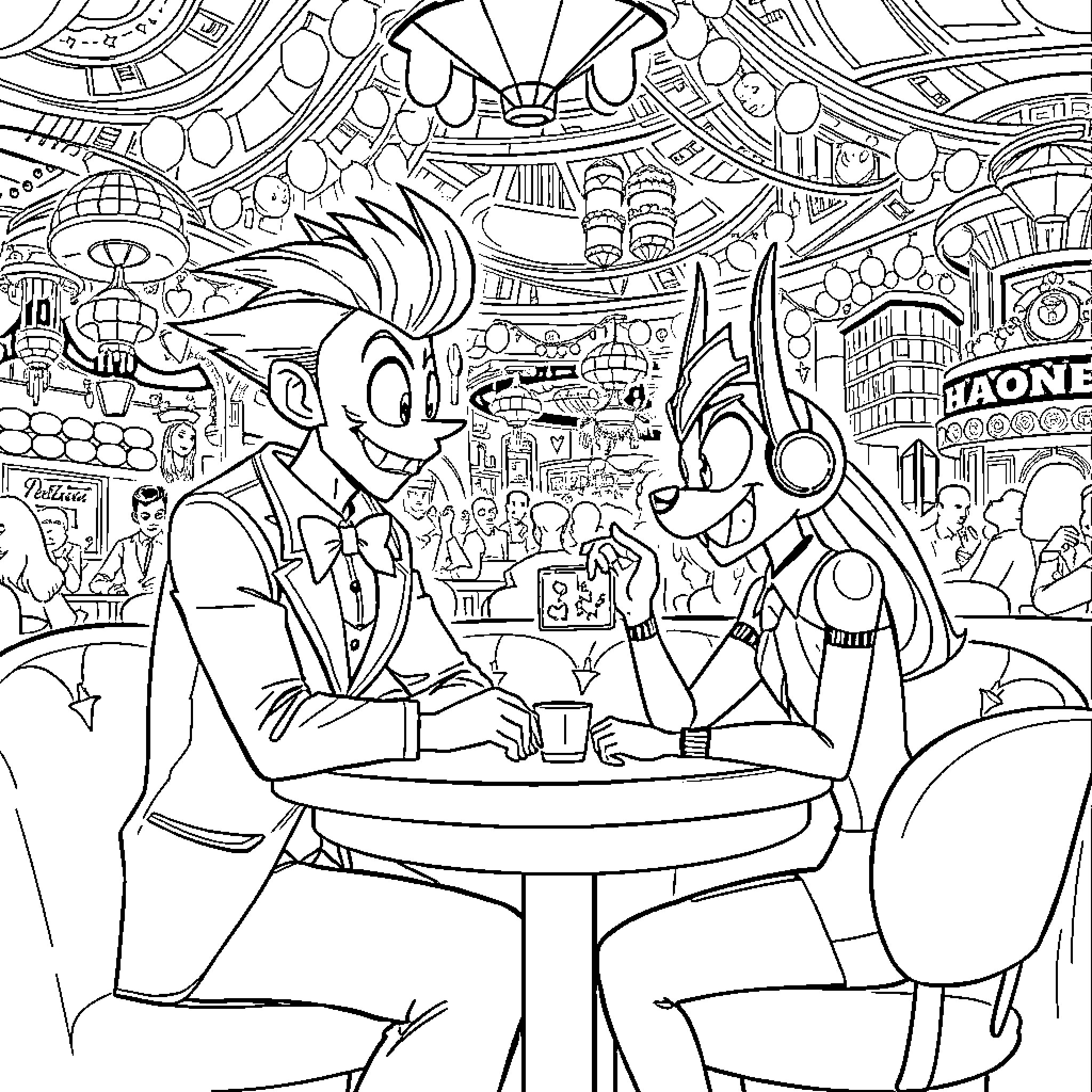 Hector's Animated Adventure in the Vibrant City Coloring Page (free black-and-white line drawing printable PDF for all, from beginners to advanced learners, including children, teens, adults, and seniors)