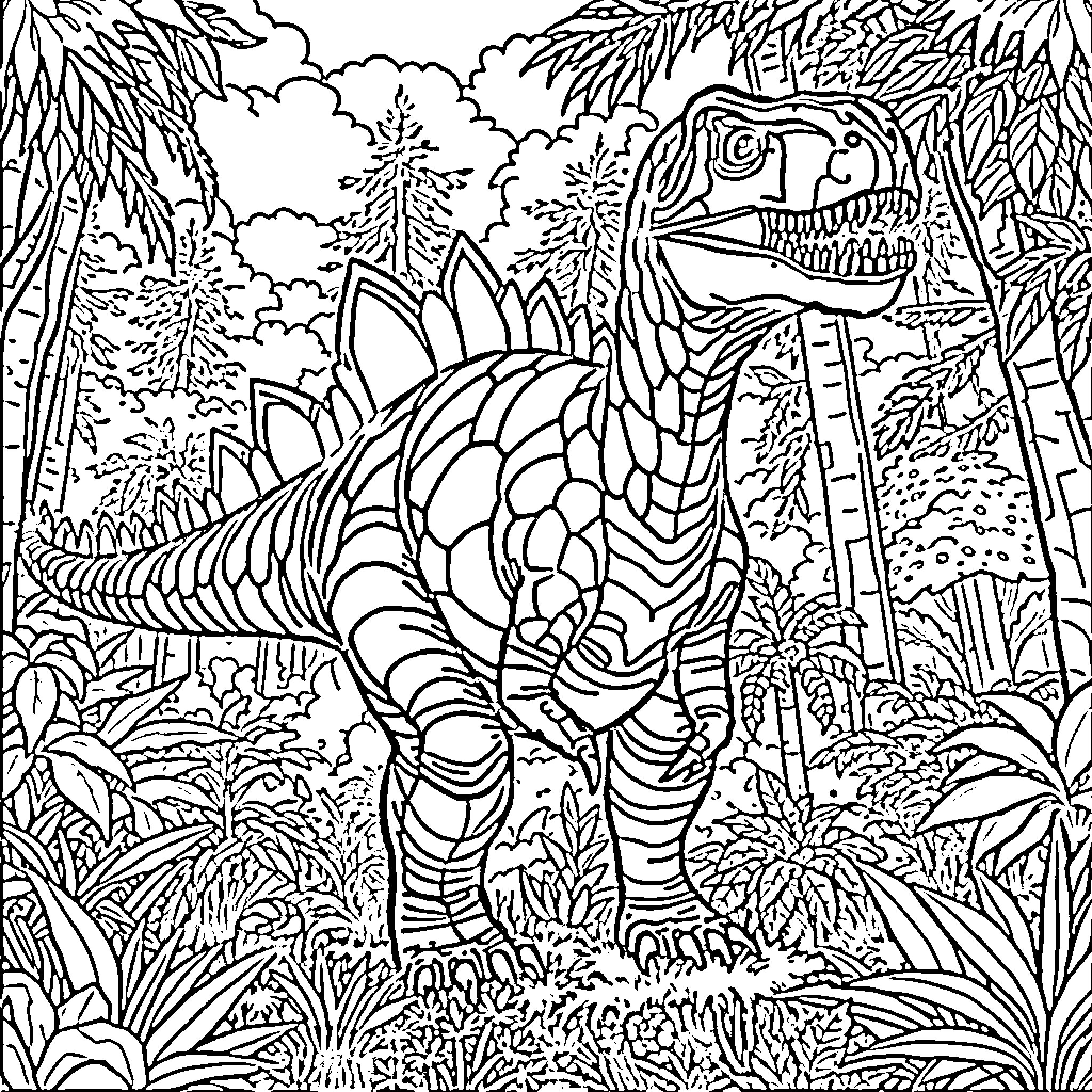 Dinosaur roaming in the lush prehistoric jungle Coloring Page (free black-and-white line drawing printable PDF for all, from beginners to advanced learners, including children, teens, adults, and seniors)