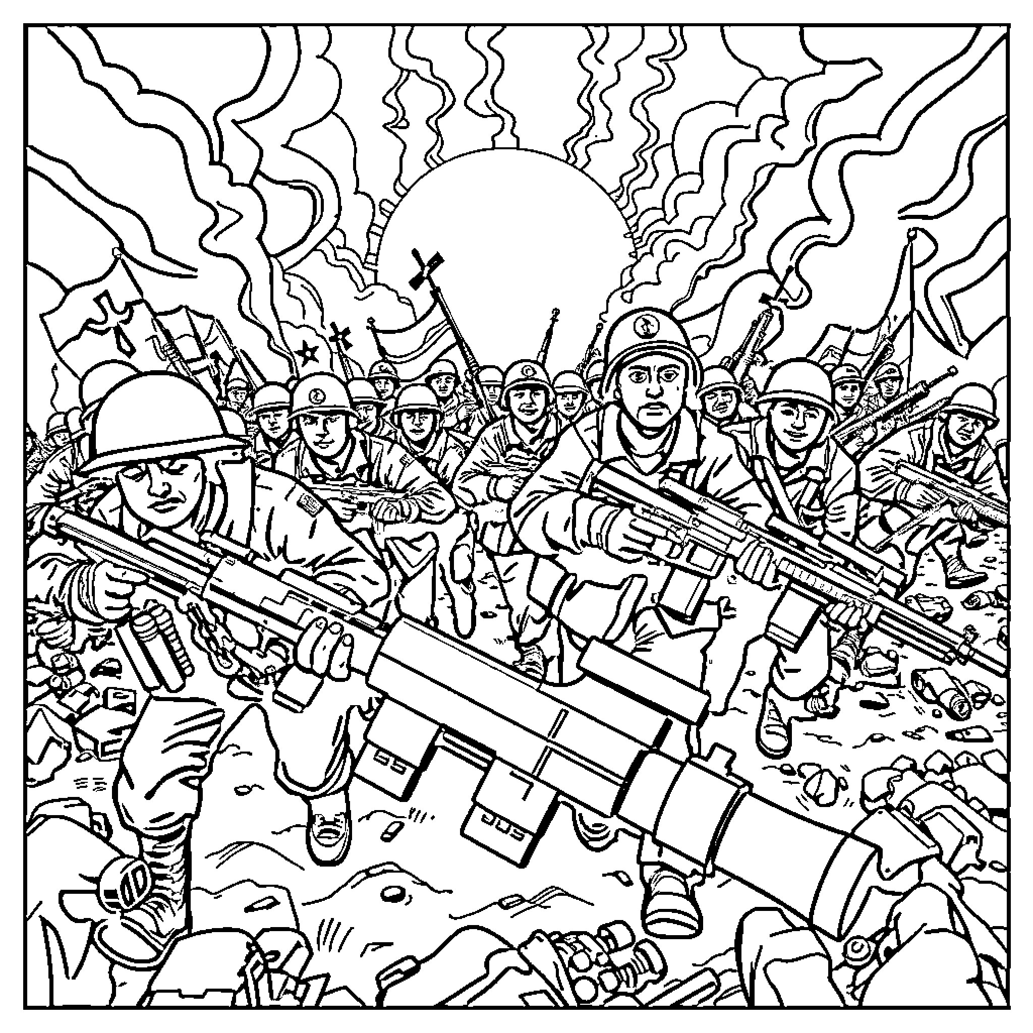 USSR Soldiers in Battle with Military Equipment Coloring Page (free black-and-white line drawing printable PDF for all, from beginners to advanced learners, including children, teens, adults, and seniors)