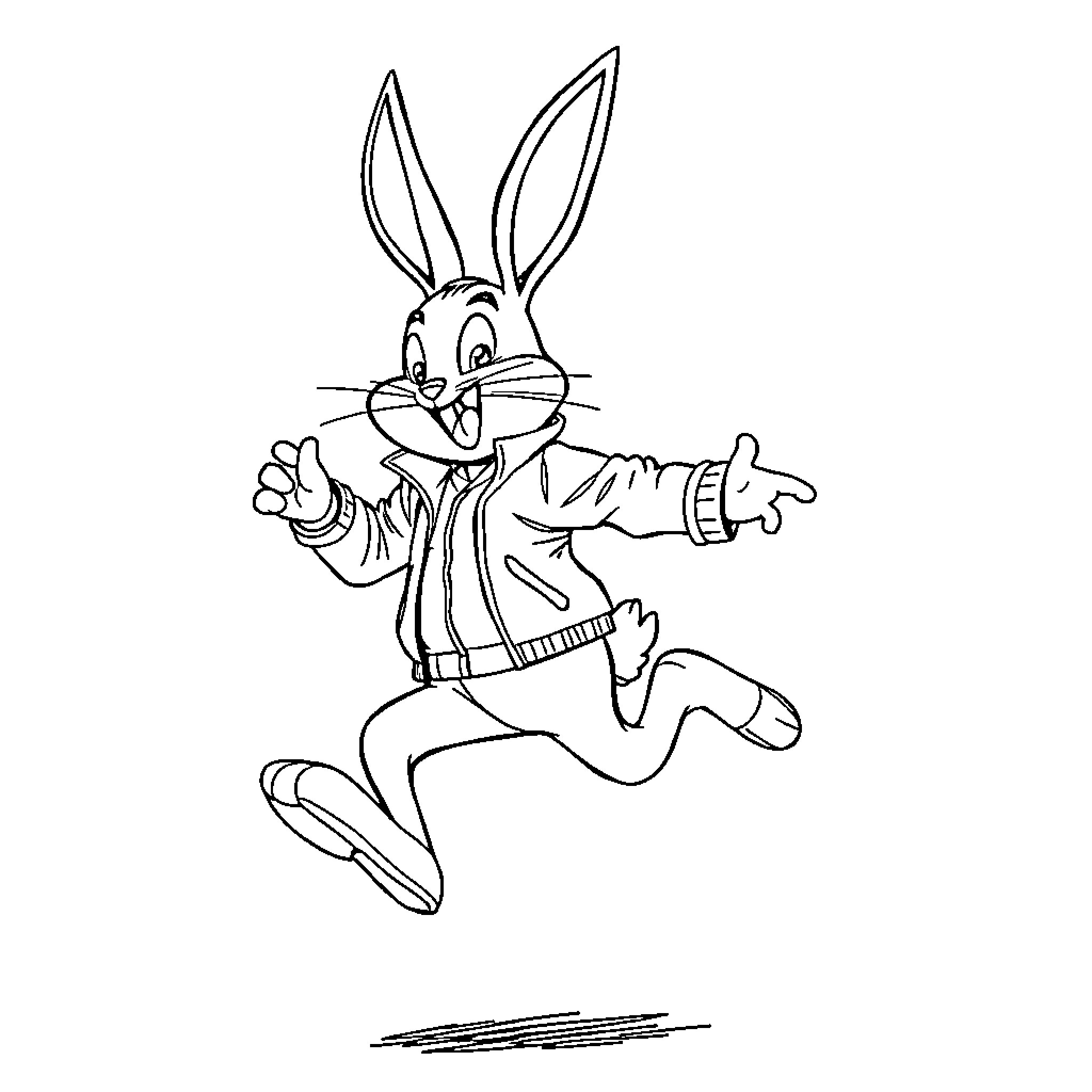 Bunny character running and jumping joyfully Coloring Page (free black-and-white line drawing printable PDF for all, from beginners to advanced learners, including children, teens, adults, and seniors)