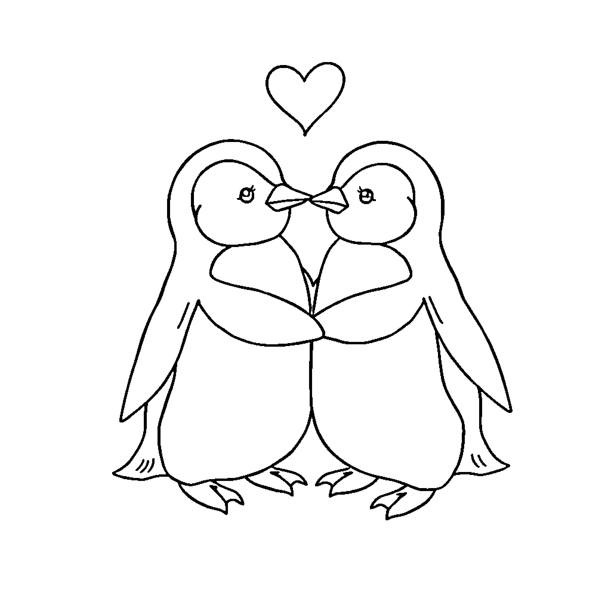 Penguin couple sharing a loving embrace Coloring Page (free black-and-white line drawing printable PDF for all, from beginners to advanced learners, including children, teens, adults, and seniors)