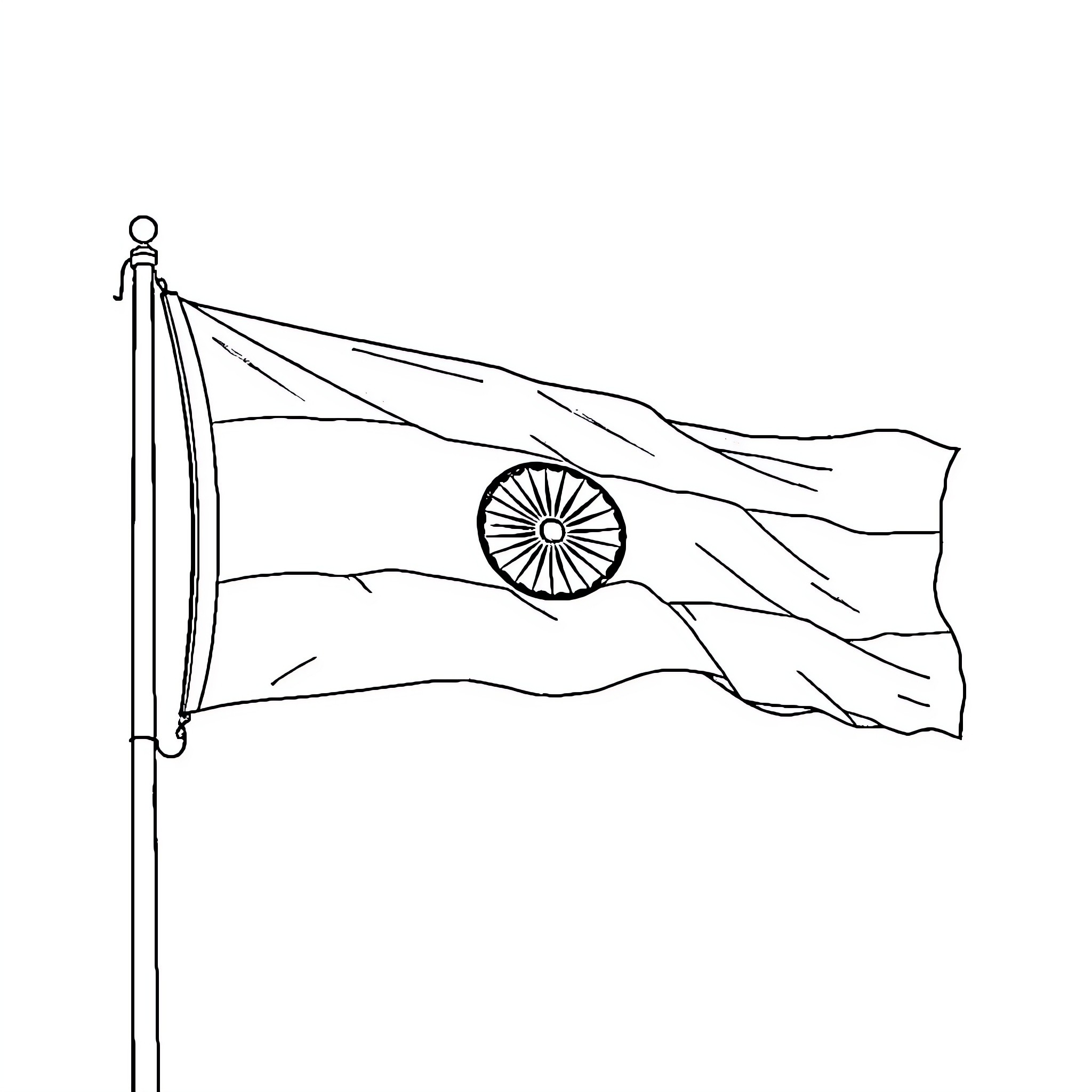 Tiranga flag waving in the wind Coloring Page (free black-and-white line drawing printable PDF for all, from beginners to advanced learners, including children, teens, adults, and seniors)