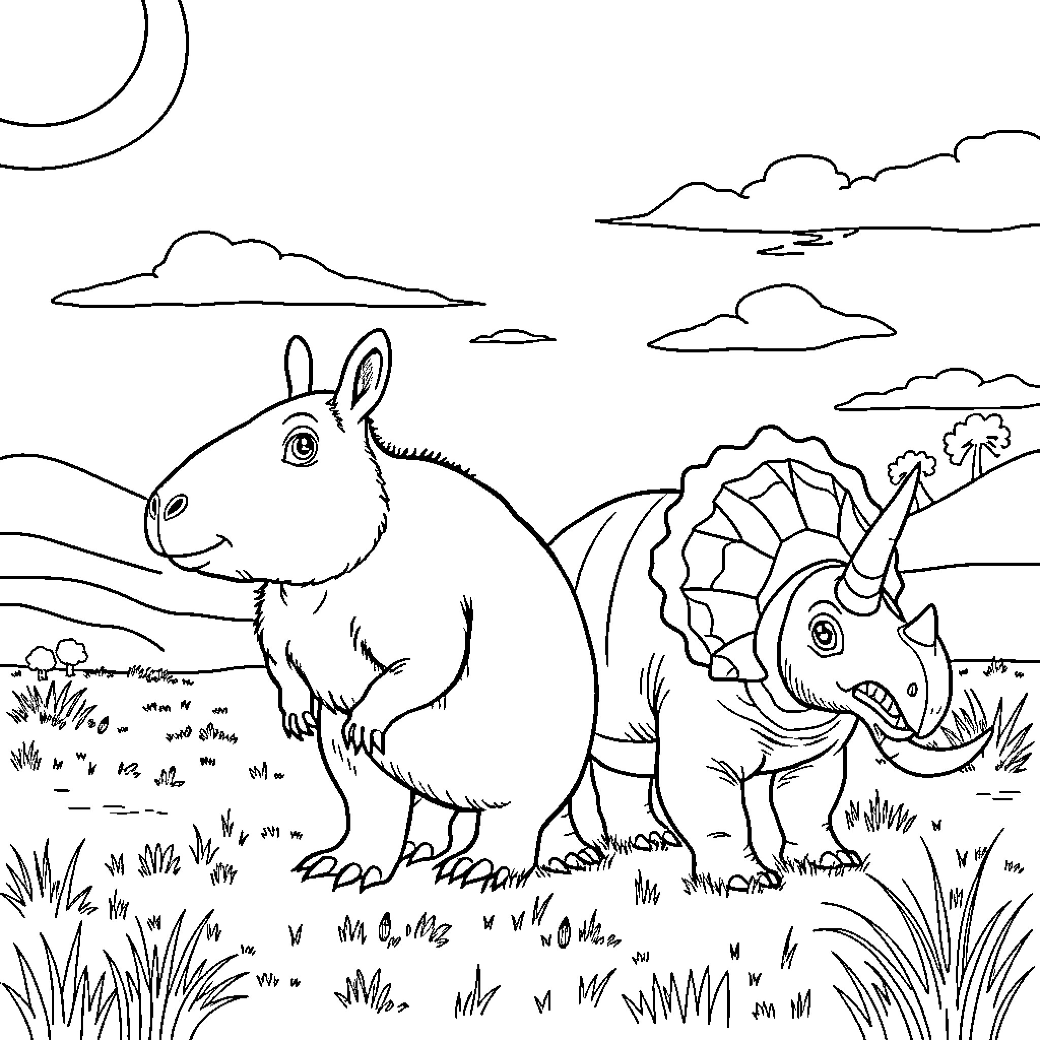 Capybara and Triceratops in Prehistoric Landscape Coloring Page (free black-and-white line drawing printable PDF for all, from beginners to advanced learners, including children, teens, adults, and seniors)