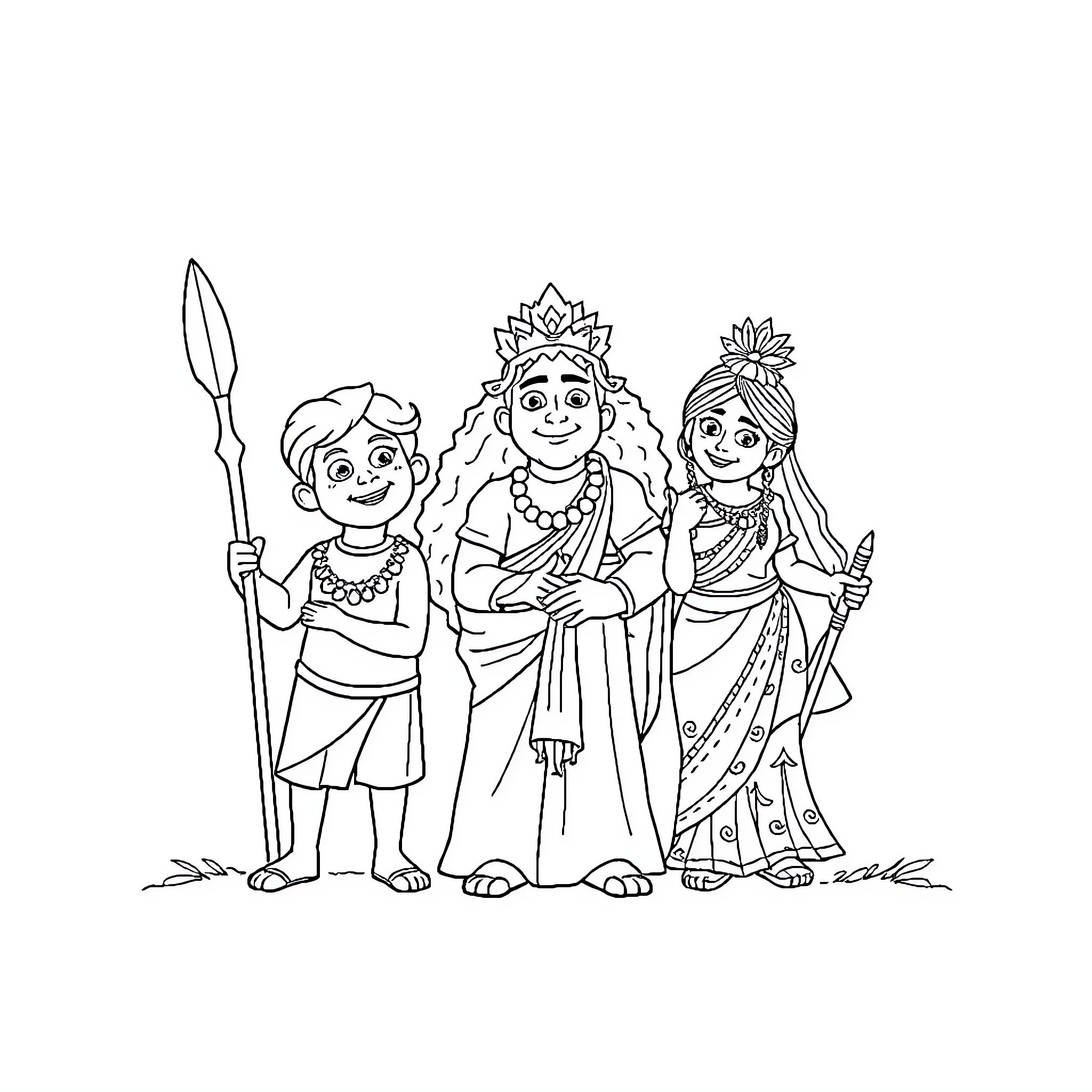Folklore Characters in Traditional Attire Coloring Page (free black-and-white line drawing printable PDF for all, from beginners to advanced learners, including children, teens, adults, and seniors)