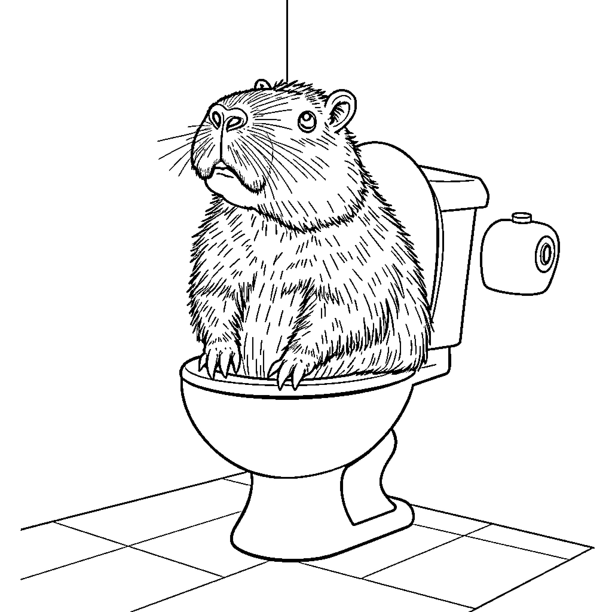 Capybara sitting on toilet enjoying privacy Coloring Page (free black-and-white line drawing printable PDF for all, from beginners to advanced learners, including children, teens, adults, and seniors)