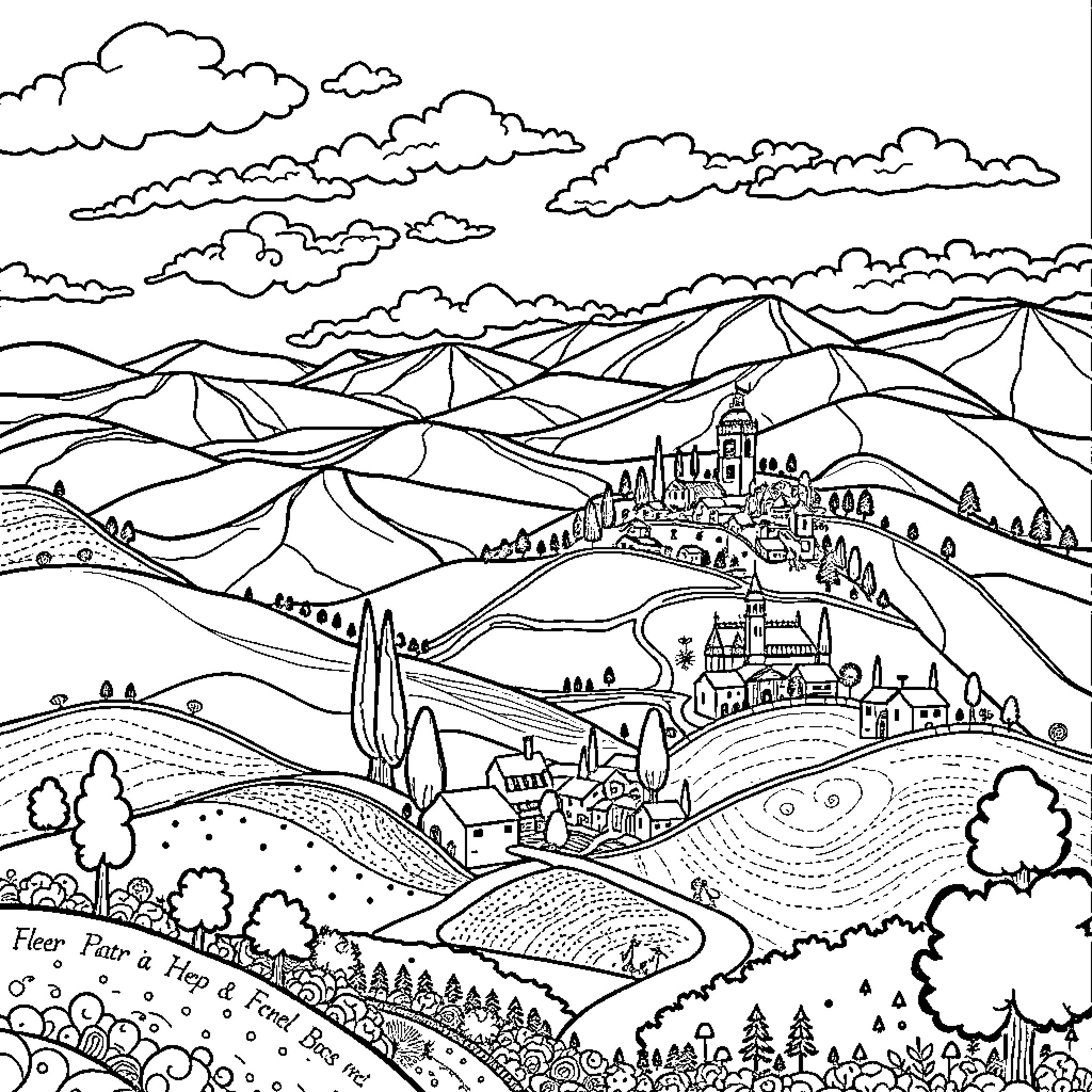 Hundertwasser's Whimsical Landscape Illustration Coloring Page (free black-and-white line drawing printable PDF for all, from beginners to advanced learners, including children, teens, adults, and seniors)