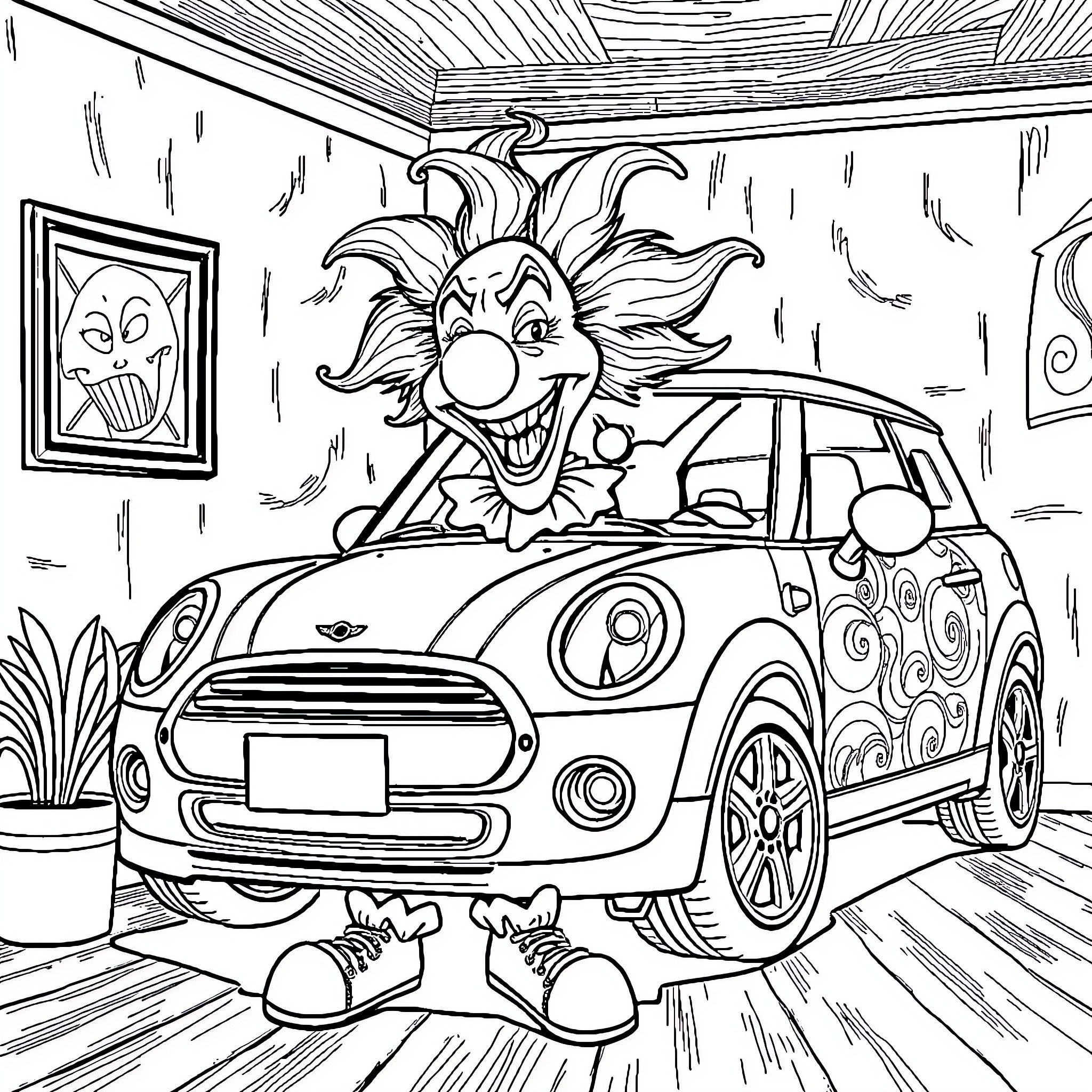 Clown posing excitedly by a colorfully decorated car Coloring Page (free black-and-white line drawing printable PDF for all, from beginners to advanced learners, including children, teens, adults, and seniors)