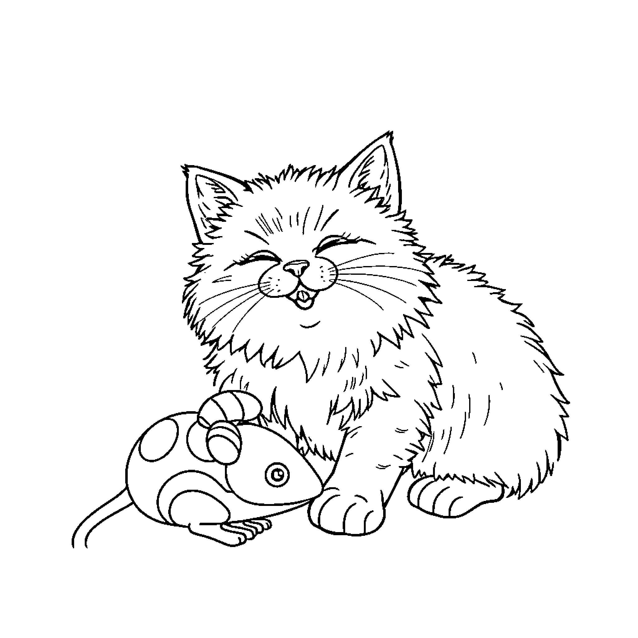 Cat playing with a toy mouse Coloring Page (free black-and-white line drawing printable PDF for all, from beginners to advanced learners, including children, teens, adults, and seniors)