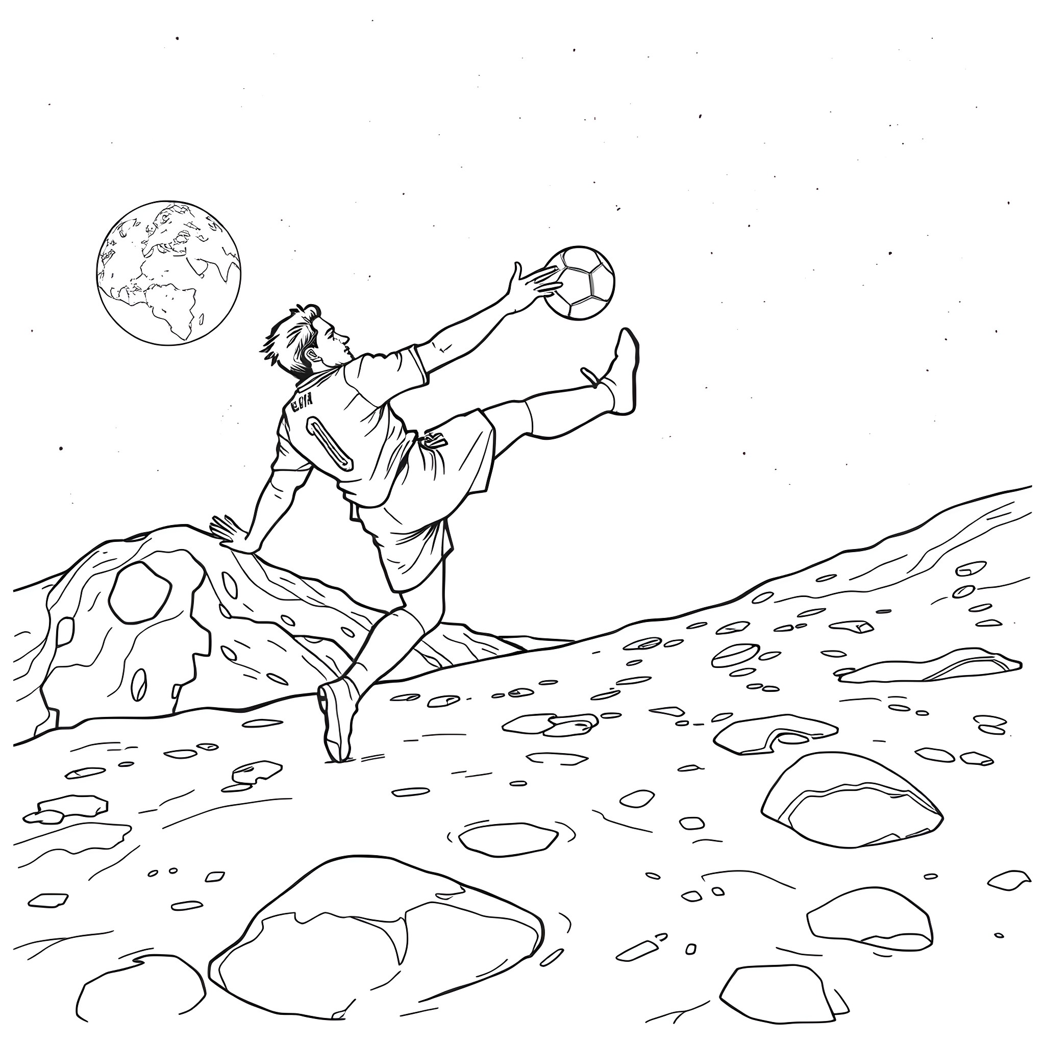 Ronaldo's acrobatic shot on the moon-like terrain Coloring Page (free black-and-white line drawing printable PDF for all, from beginners to advanced learners, including children, teens, adults, and seniors)