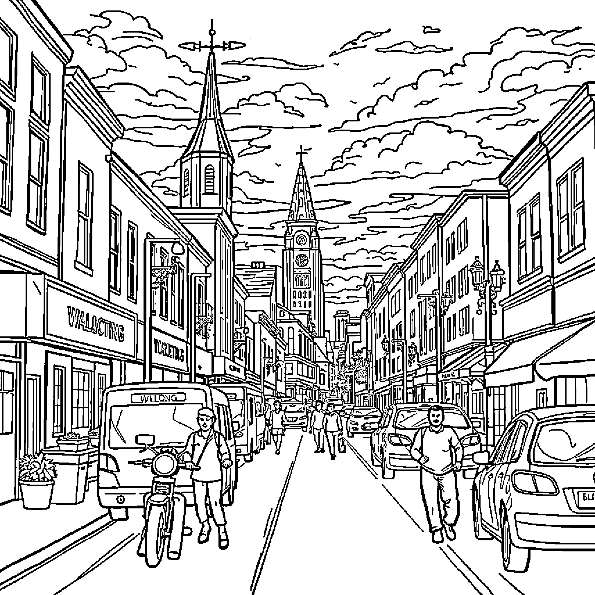 Walong: Bustling City Street Scene Coloring Page (free black-and-white line drawing printable PDF for all, from beginners to advanced learners, including children, teens, adults, and seniors)