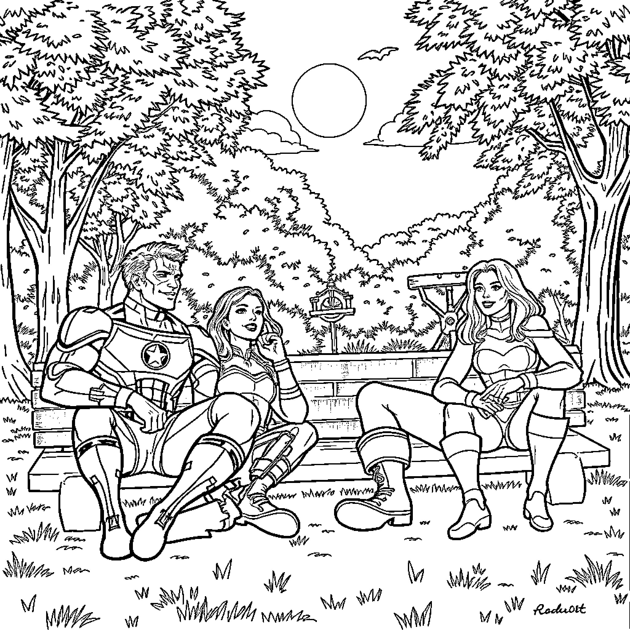 Avenger Superheroes Enjoying a Peaceful Moment Coloring Page (free black-and-white line drawing printable PDF for all, from beginners to advanced learners, including children, teens, adults, and seniors)