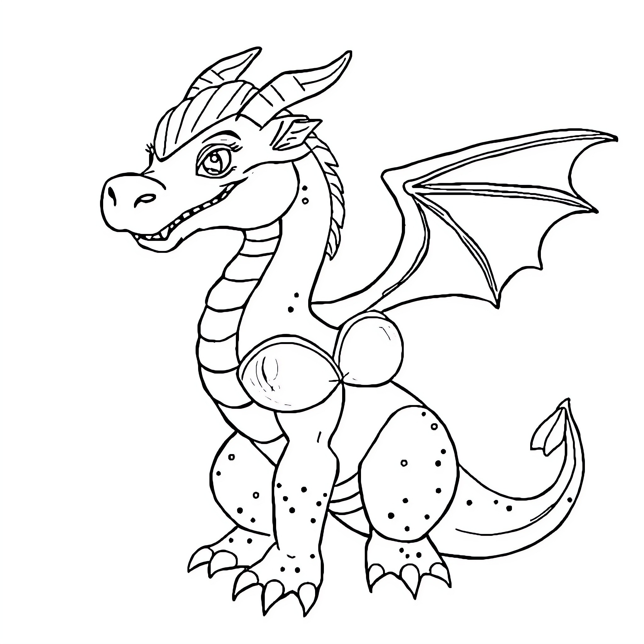 Dragon with Playful Expression and Outspread Wings Coloring Page (free black-and-white line drawing printable PDF for all, from beginners to advanced learners, including children, teens, adults, and seniors)