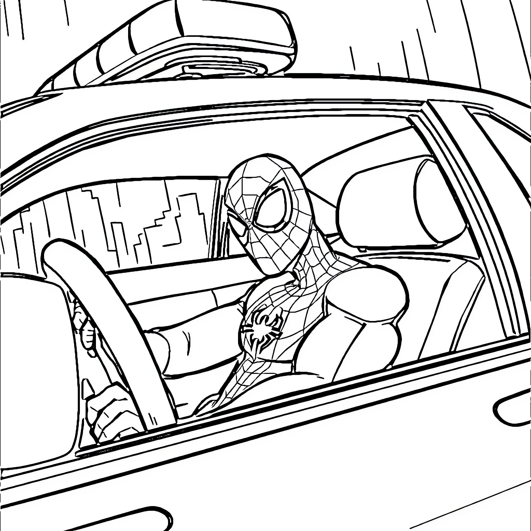 Spiderman swinging through the city in his web-slinging action Coloring Page (free black-and-white line drawing printable PDF for all, from beginners to advanced learners, including children, teens, adults, and seniors)