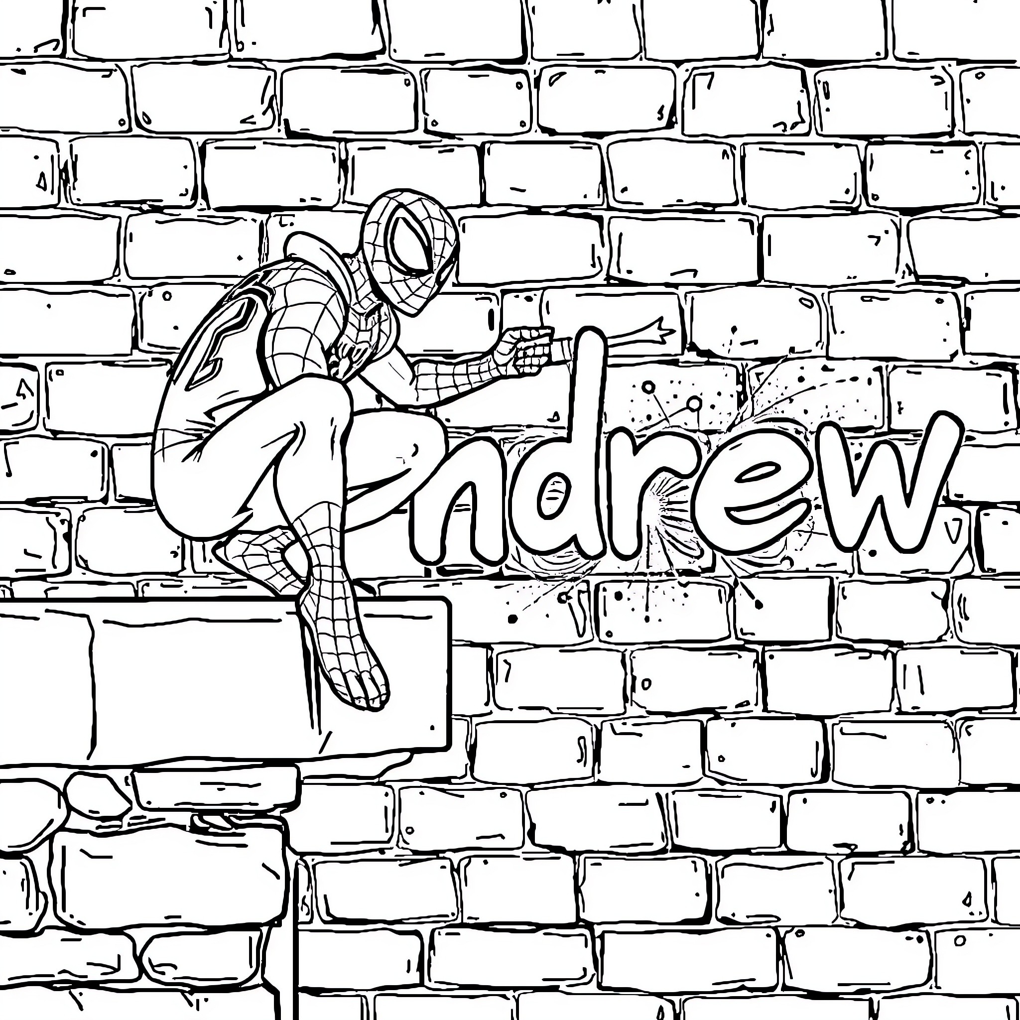 Spidey Graffiti Art on Brick Wall Coloring Page (free black-and-white line drawing printable PDF for all, from beginners to advanced learners, including children, teens, adults, and seniors)
