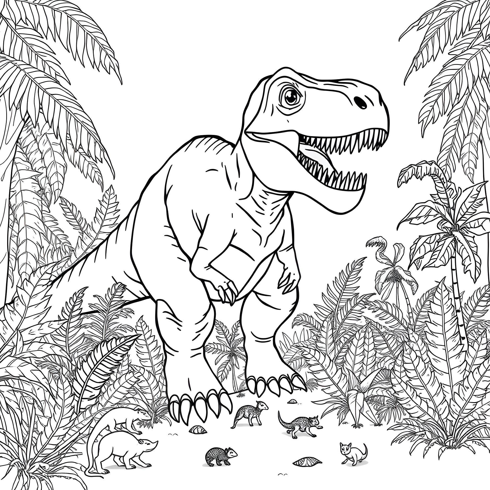 Dinosaur roaring in a lush jungle landscape Coloring Page (free black-and-white line drawing printable PDF for all, from beginners to advanced learners, including children, teens, adults, and seniors)