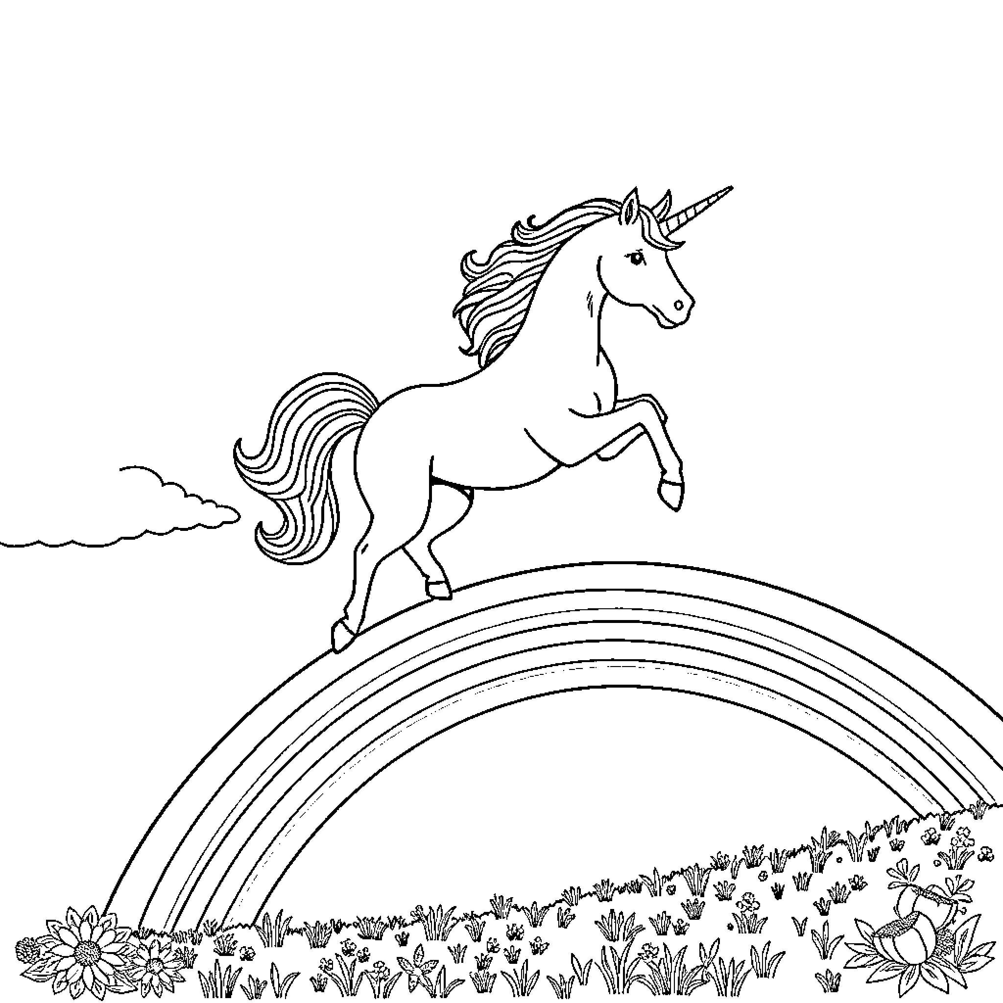 Unicorn leaping over a rainbow in a floral field Coloring Page (free black-and-white line drawing printable PDF for all, from beginners to advanced learners, including children, teens, adults, and seniors)