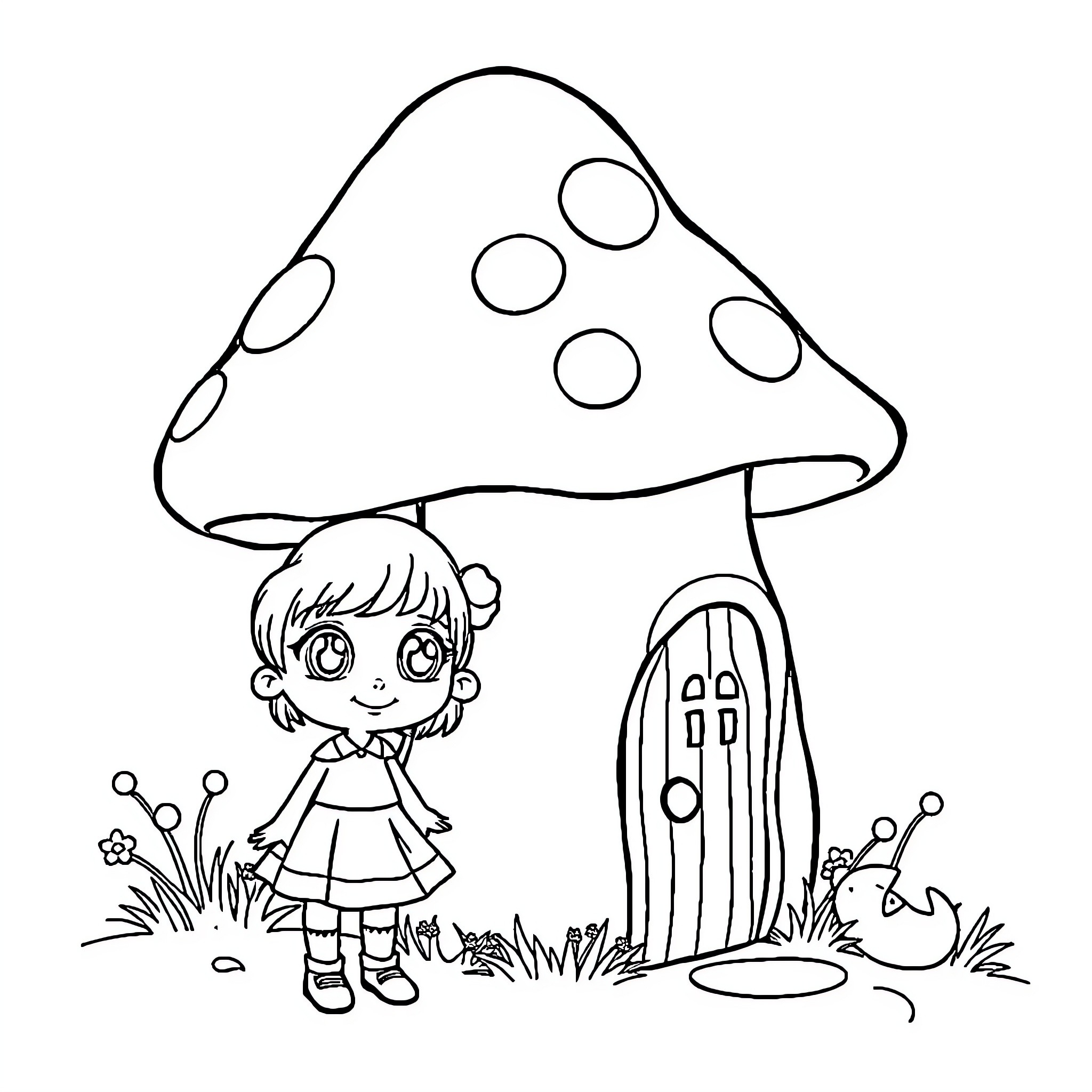Girl exploring whimsical mushroom house in the forest Coloring Page (free black-and-white line drawing printable PDF for all, from beginners to advanced learners, including children, teens, adults, and seniors)