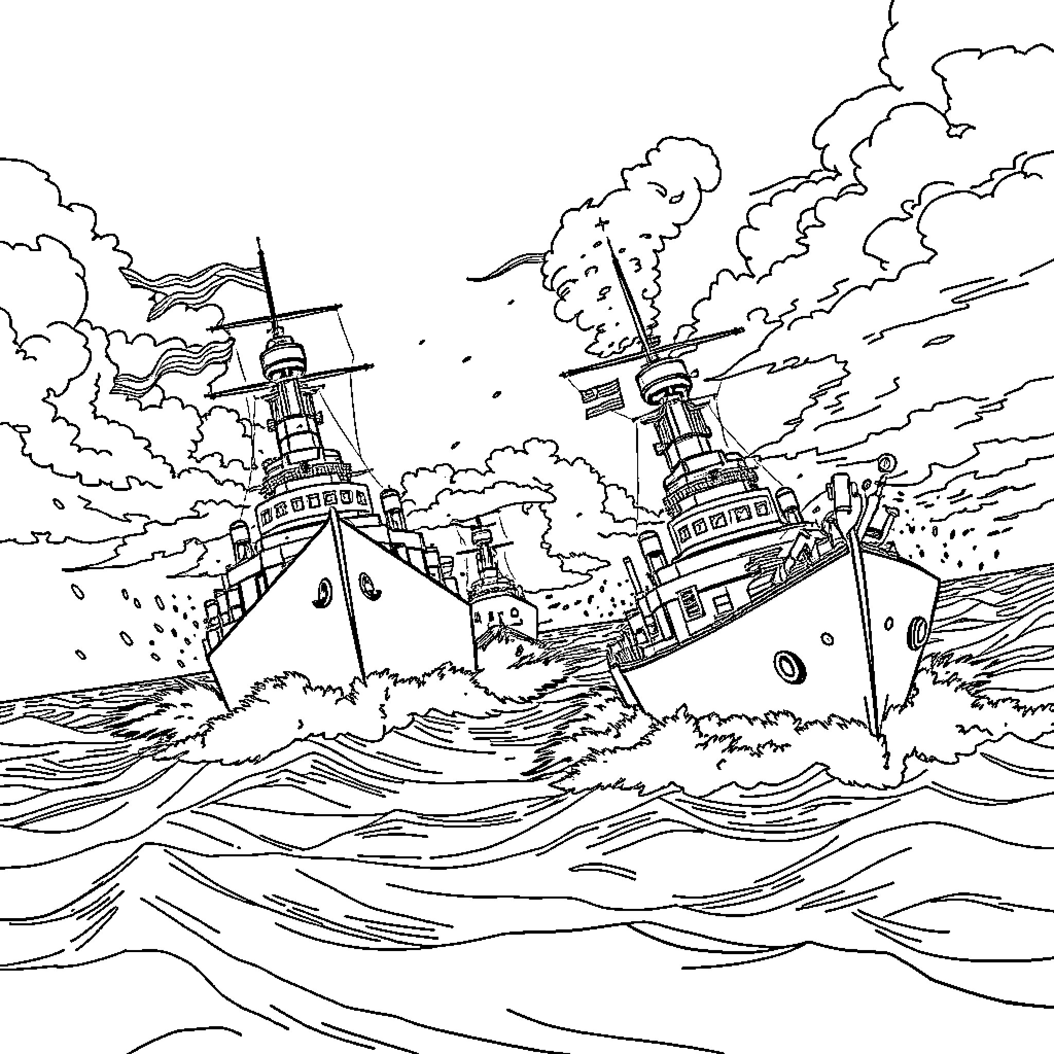 Warships battling in stormy seas Coloring Page (free black-and-white line drawing printable PDF for all, from beginners to advanced learners, including children, teens, adults, and seniors)