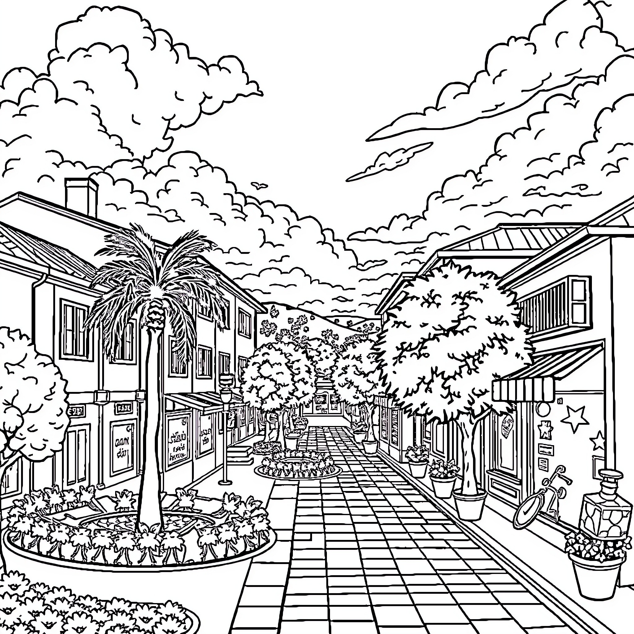 Neighborhood street with palm trees, shops, and people Coloring Page (free black-and-white line drawing printable PDF for all, from beginners to advanced learners, including children, teens, adults, and seniors)