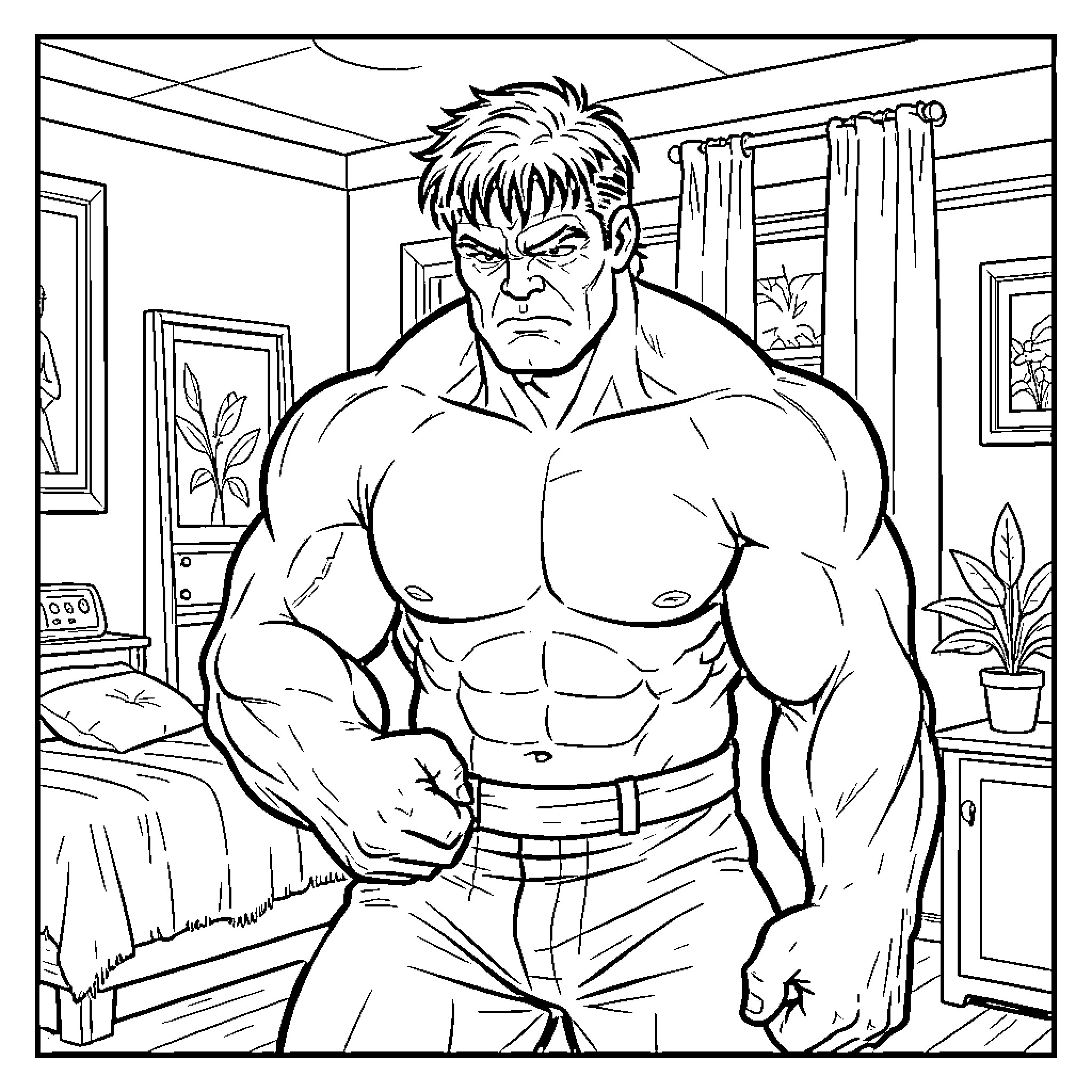 Hulk standing with a determined and angry expression Coloring Page (free black-and-white line drawing printable PDF for all, from beginners to advanced learners, including children, teens, adults, and seniors)
