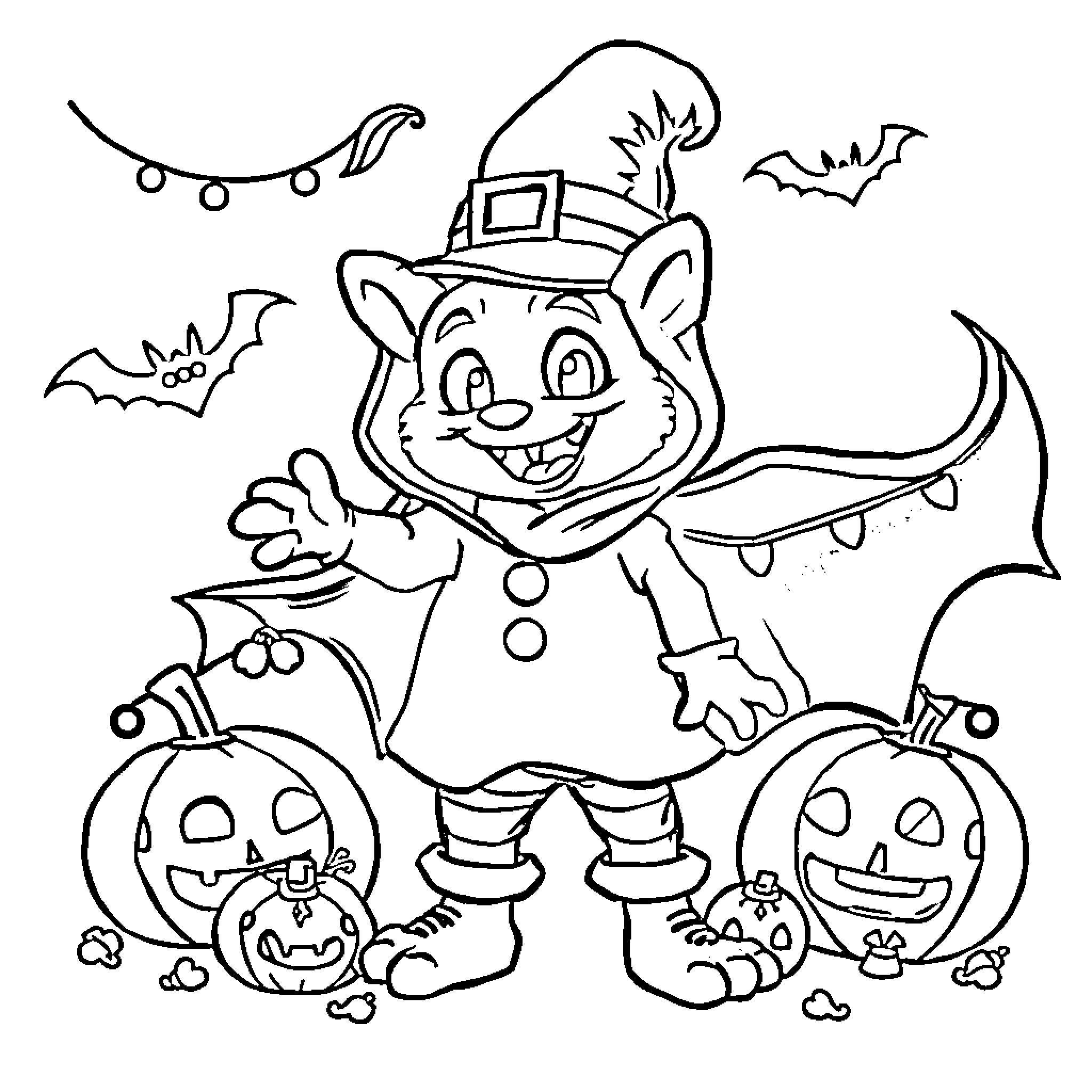Bluey Celebrates Halloween with Spooky Friends Coloring Page (free black-and-white line drawing printable PDF for all, from beginners to advanced learners, including children, teens, adults, and seniors)