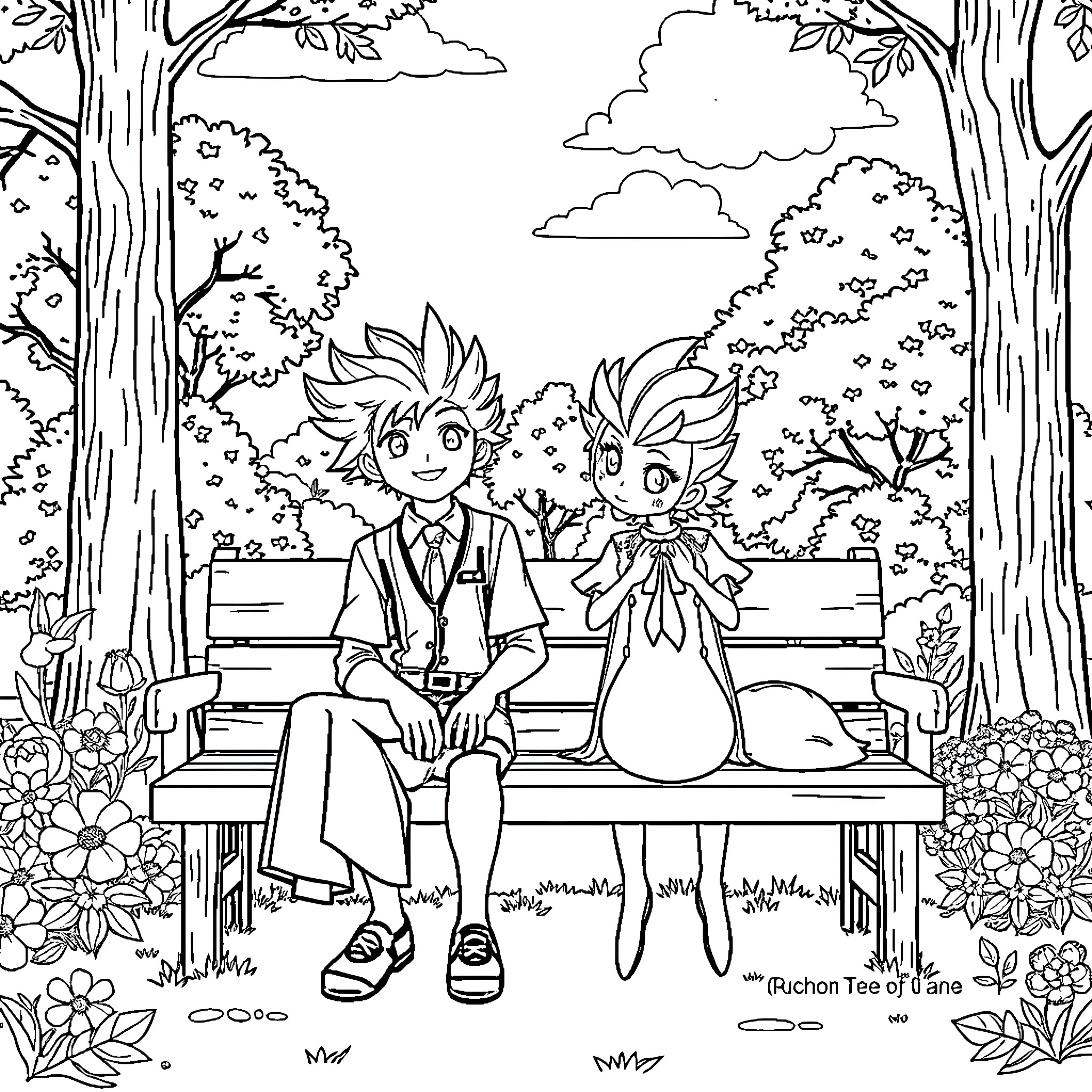 Senku spending a peaceful day in the park with a friend Coloring Page (free black-and-white line drawing printable PDF for all, from beginners to advanced learners, including children, teens, adults, and seniors)