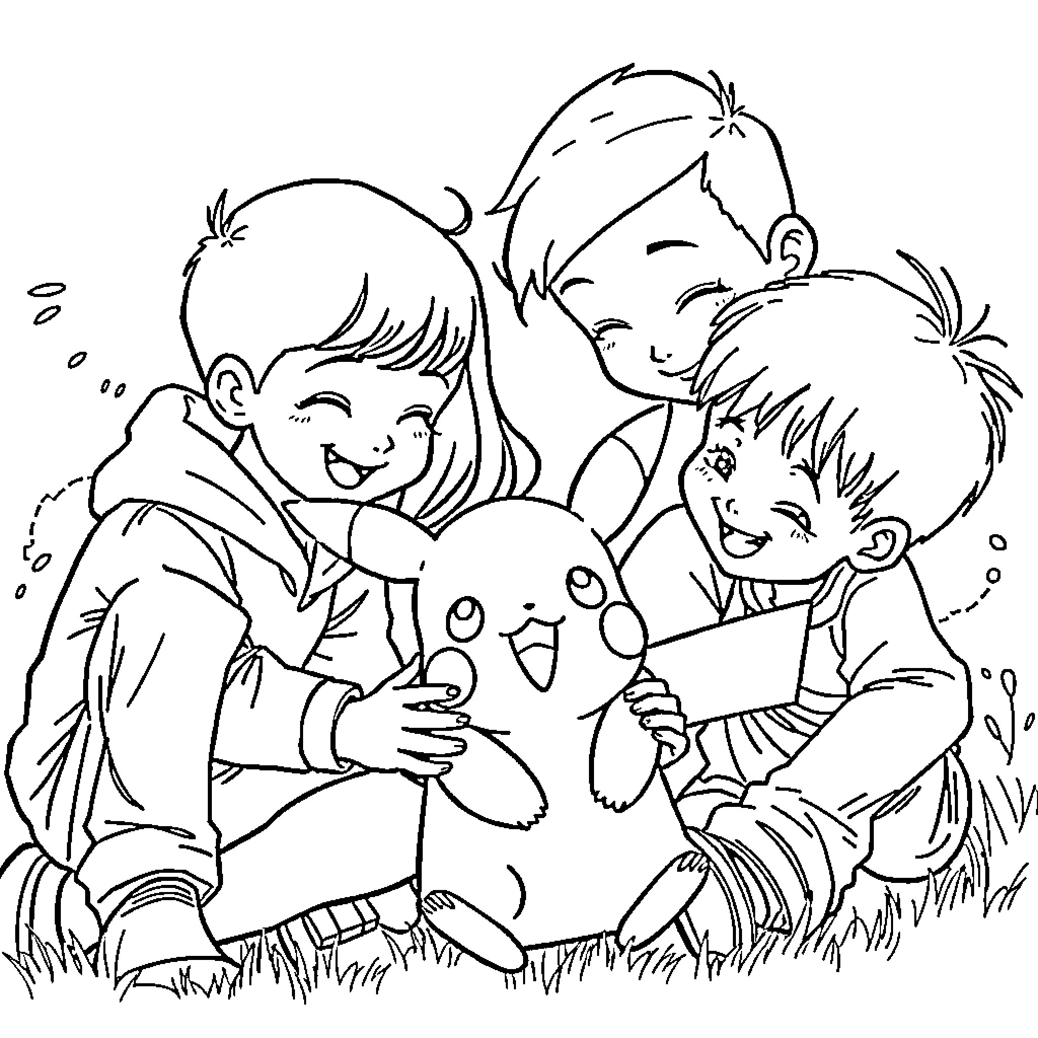 Pikachu playing with happy children in the outdoors Coloring Page (free black-and-white line drawing printable PDF for all, from beginners to advanced learners, including children, teens, adults, and seniors)