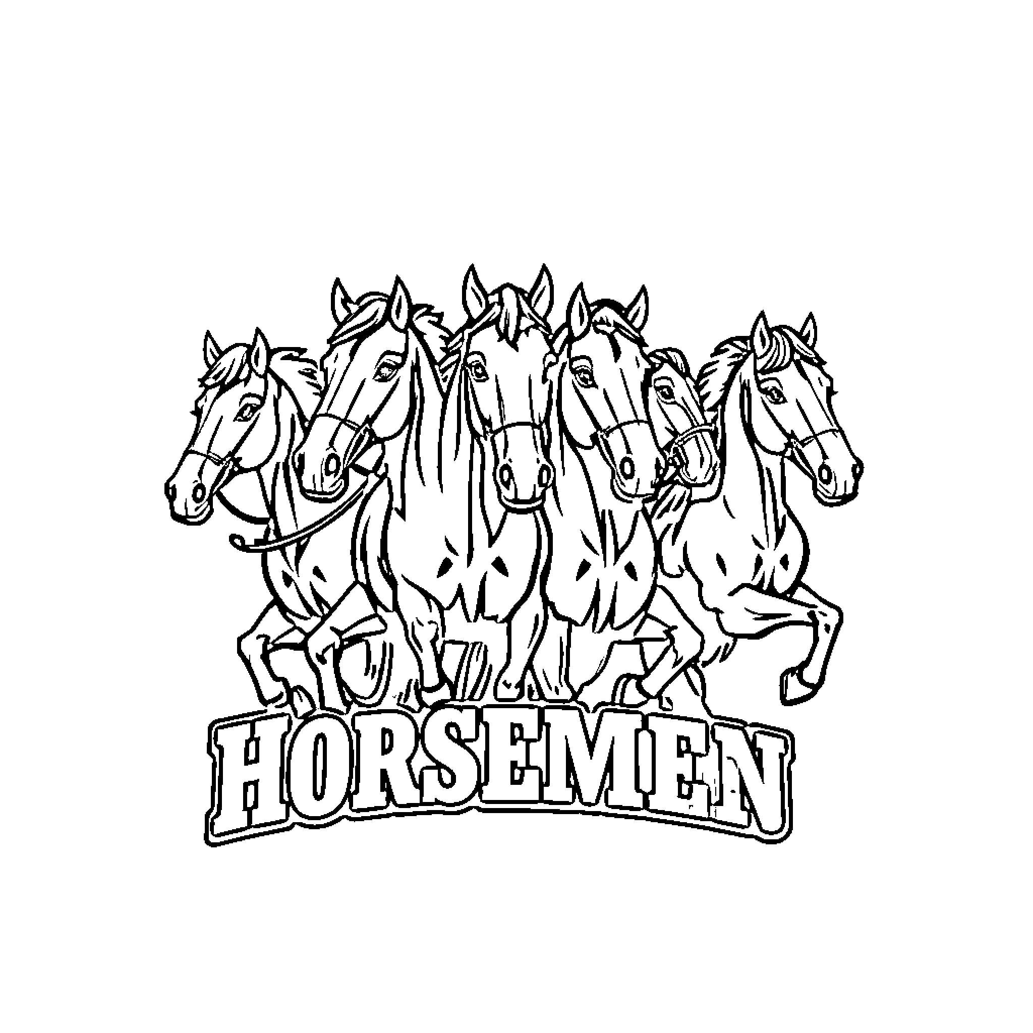 Horsemen in action with horses and gear Coloring Page (free black-and-white line drawing printable PDF for all, from beginners to advanced learners, including children, teens, adults, and seniors)