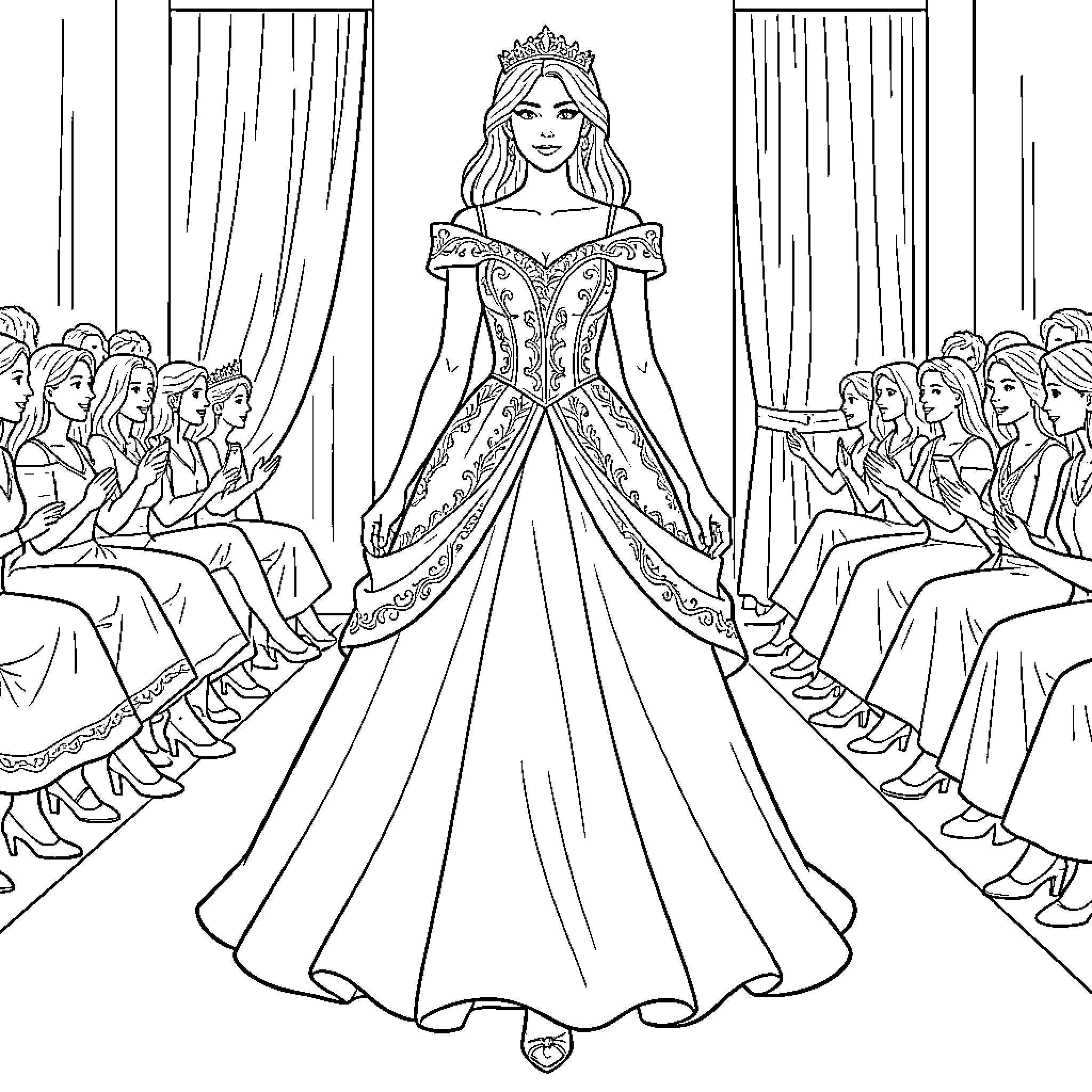 Model walking in a grand ball gown on a runway Coloring Page (free black-and-white line drawing printable PDF for all, from beginners to advanced learners, including children, teens, adults, and seniors)