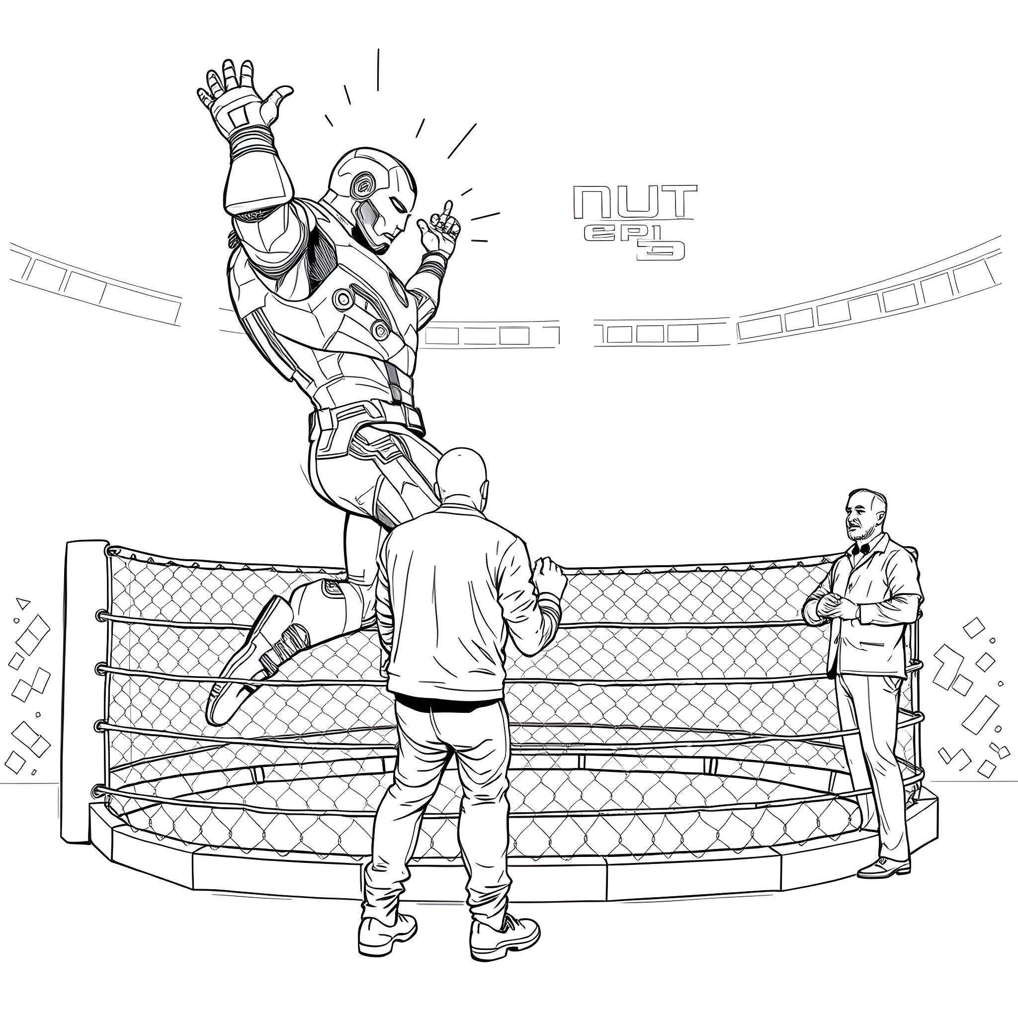 Iron Man performing spectacular moves in the wrestling ring Coloring Page (free black-and-white line drawing printable PDF for all, from beginners to advanced learners, including children, teens, adults, and seniors)