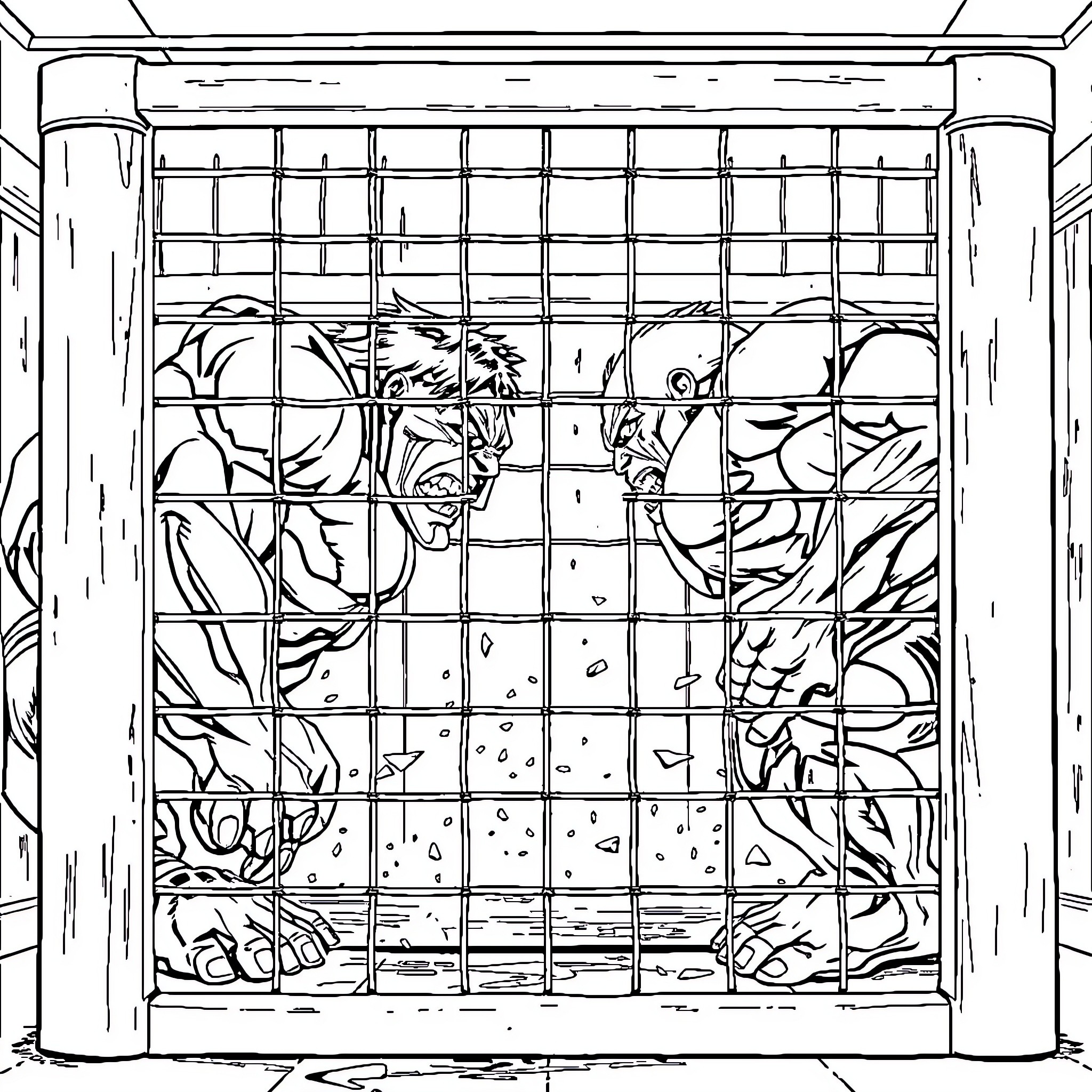 Hulk smashing through prison bars Coloring Page (free black-and-white line drawing printable PDF for all, from beginners to advanced learners, including children, teens, adults, and seniors)