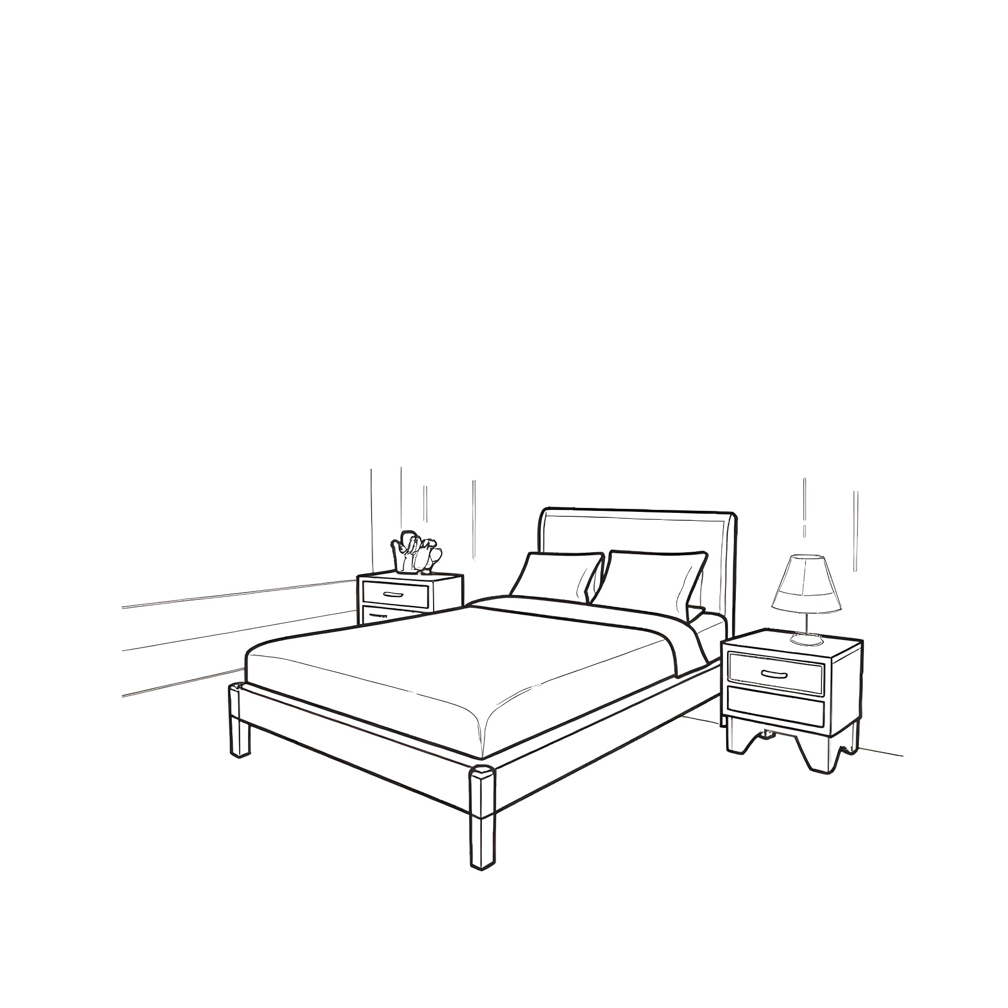 Bed with nightstand and lamp in bedroom Coloring Page (free black-and-white line drawing printable PDF for all, from beginners to advanced learners, including children, teens, adults, and seniors)