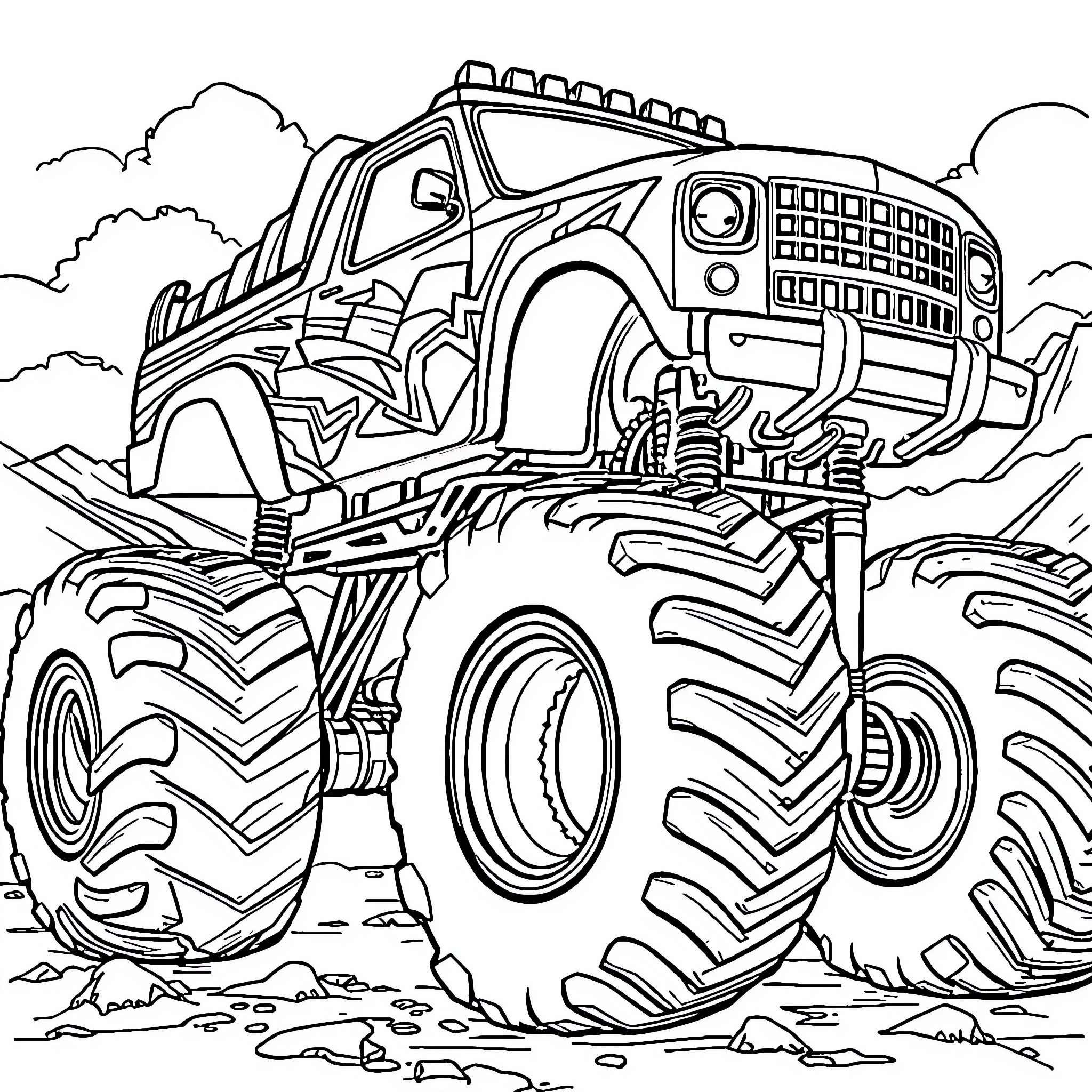 Monster Truck Crushing Through Rugged Terrain Coloring Page (free black-and-white line drawing printable PDF for all, from beginners to advanced learners, including children, teens, adults, and seniors)