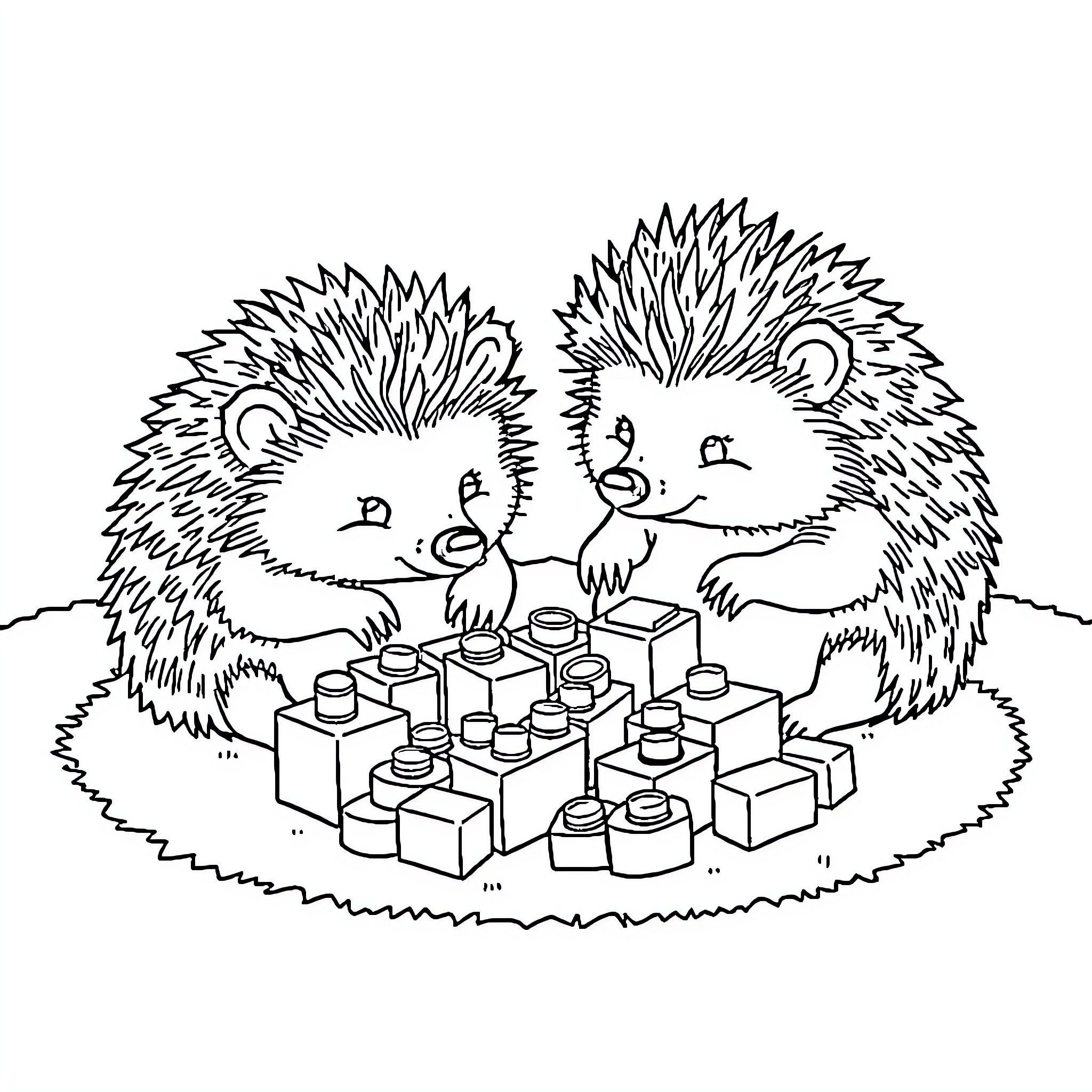 Hedgehogs playing with building blocks Coloring Page (free black-and-white line drawing printable PDF for all, from beginners to advanced learners, including children, teens, adults, and seniors)