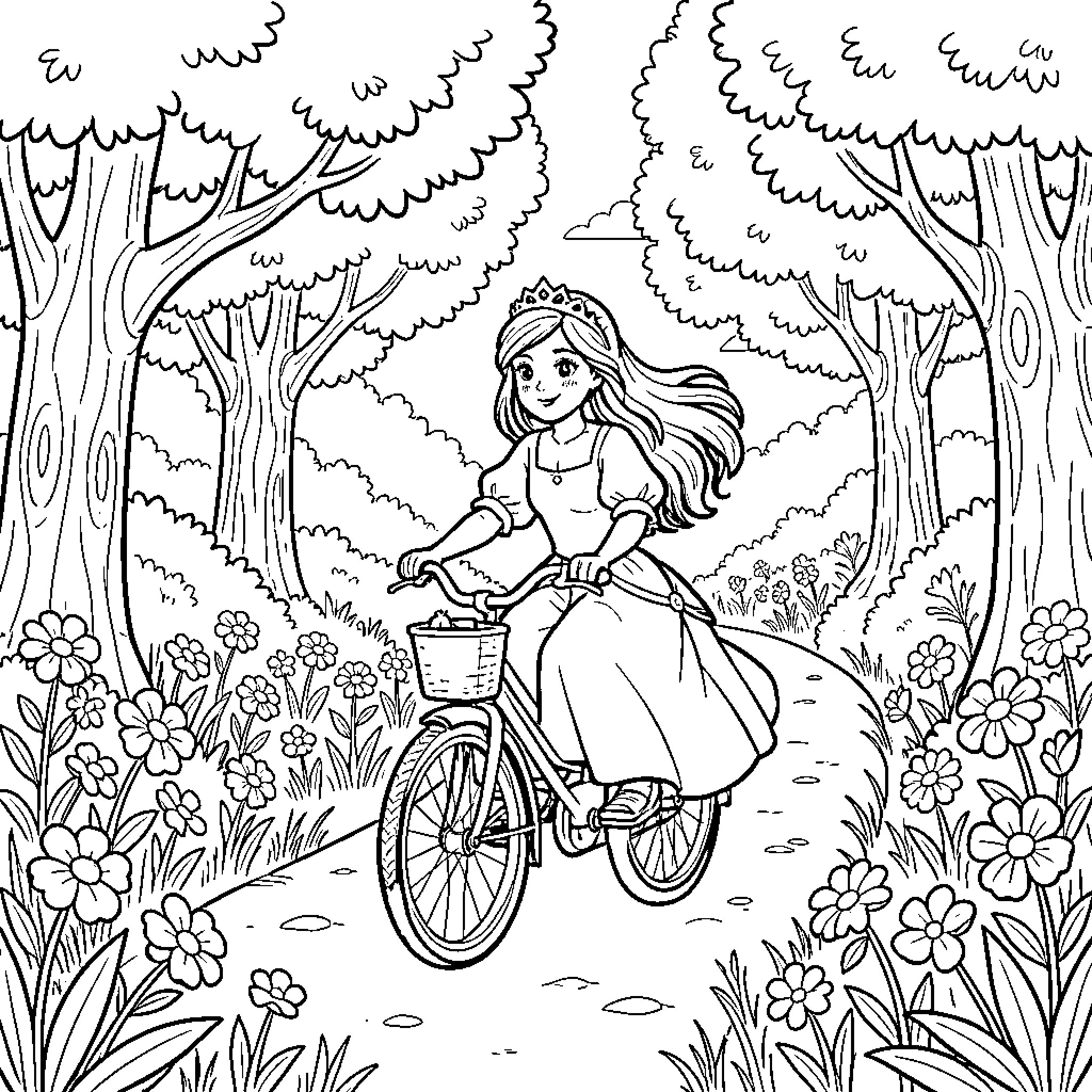 Princess riding a bicycle through a flowery forest path Coloring Page (free black-and-white line drawing printable PDF for all, from beginners to advanced learners, including children, teens, adults, and seniors)