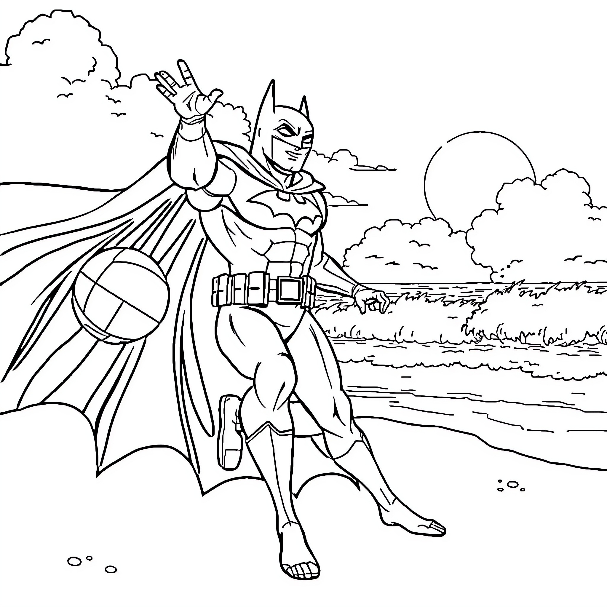 Batman Heroically Poses on a Scenic Coastal Landscape Coloring Page (free black-and-white line drawing printable PDF for all, from beginners to advanced learners, including children, teens, adults, and seniors)