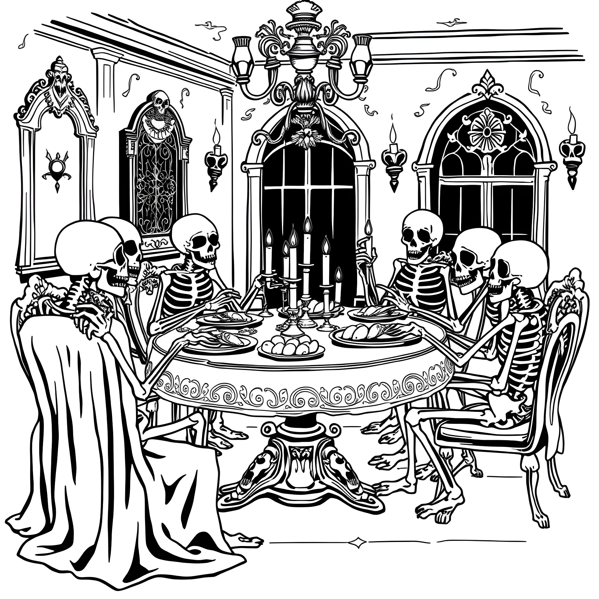 Skeleton Banquet in Gothic Dining Hall Coloring Page (free black-and-white line drawing printable PDF for all, from beginners to advanced learners, including children, teens, adults, and seniors)