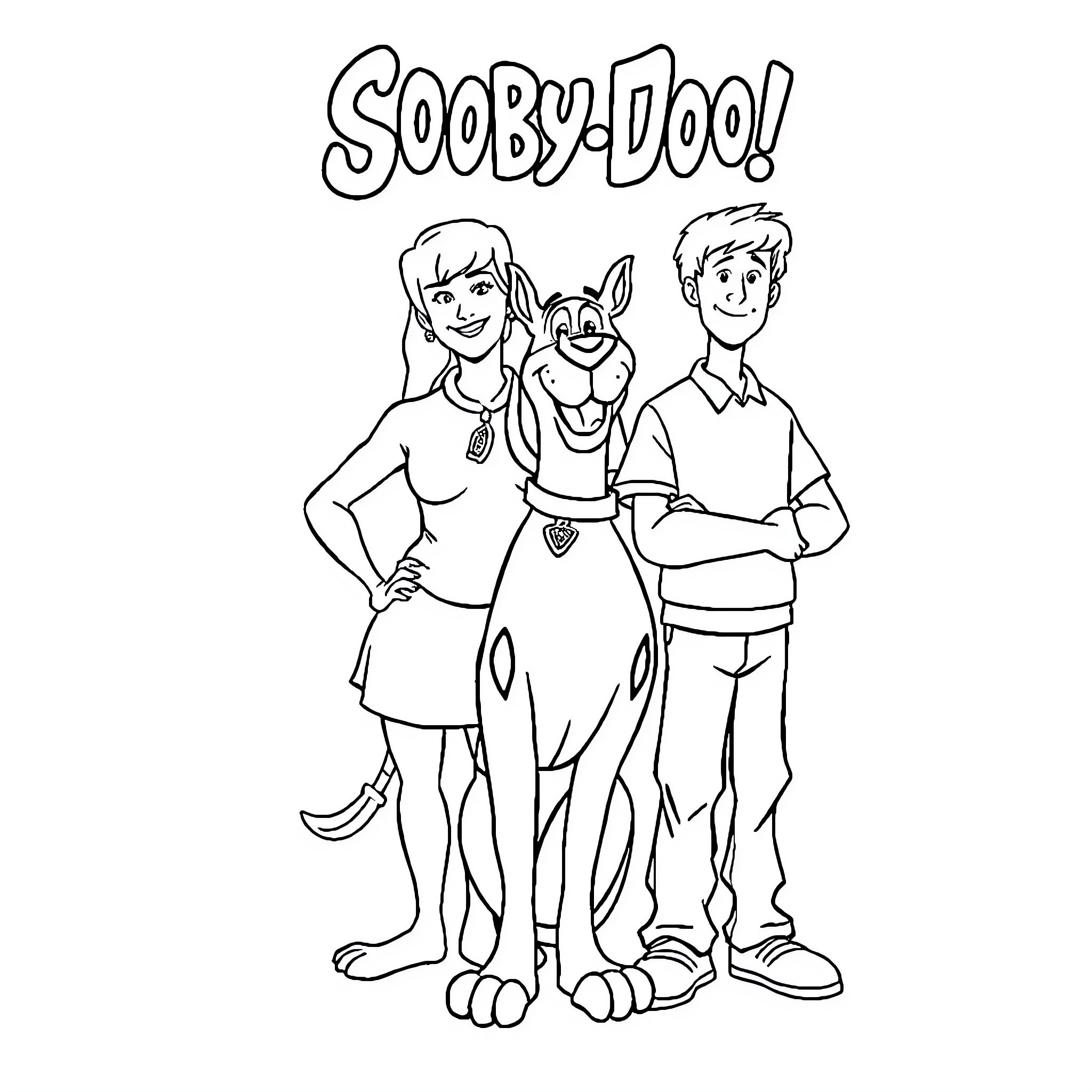 Scooby Doo and friends in an adventure Coloring Page (free black-and-white line drawing printable PDF for all, from beginners to advanced learners, including children, teens, adults, and seniors)