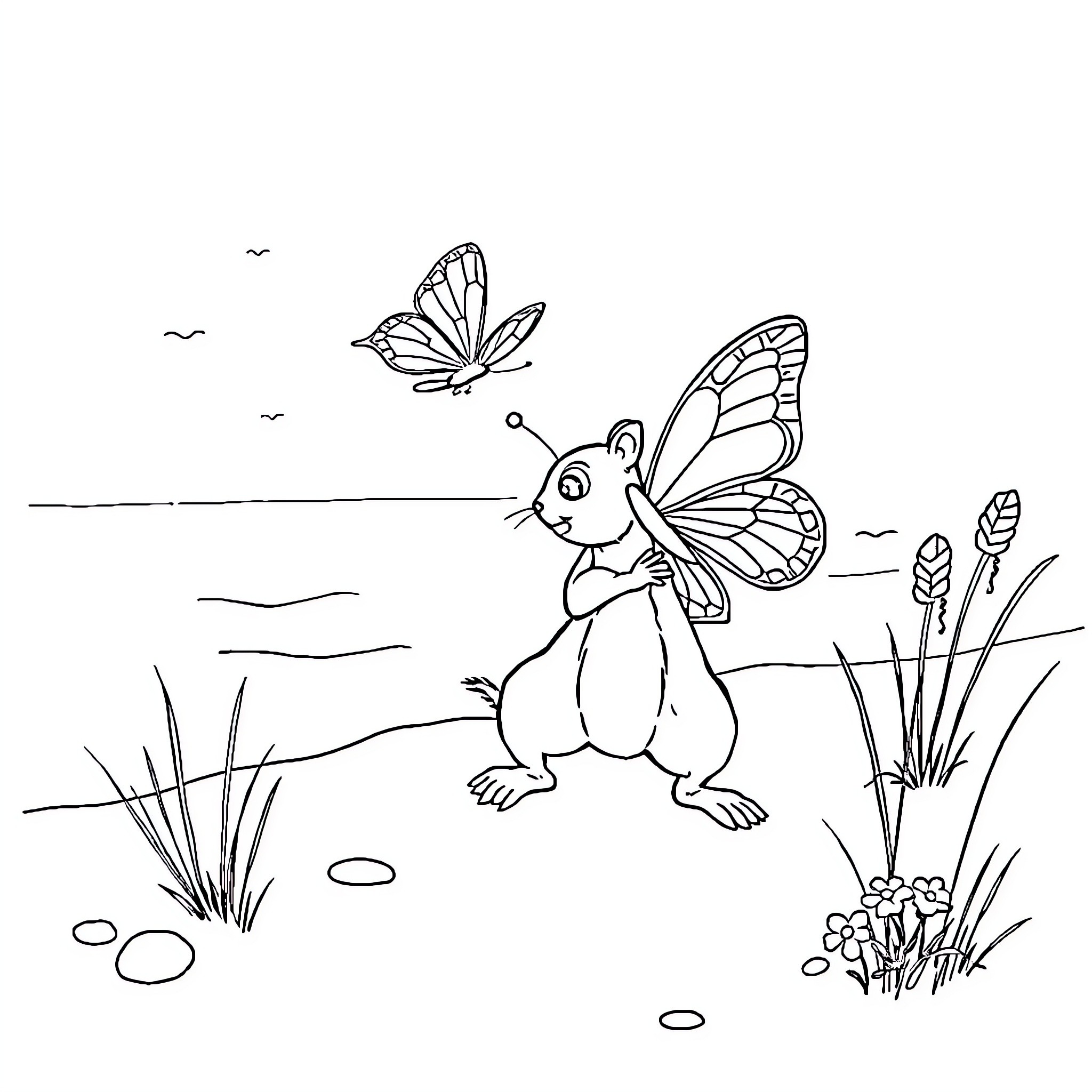 Squirrel with butterfly wings exploring nature Coloring Page (free black-and-white line drawing printable PDF for all, from beginners to advanced learners, including children, teens, adults, and seniors)