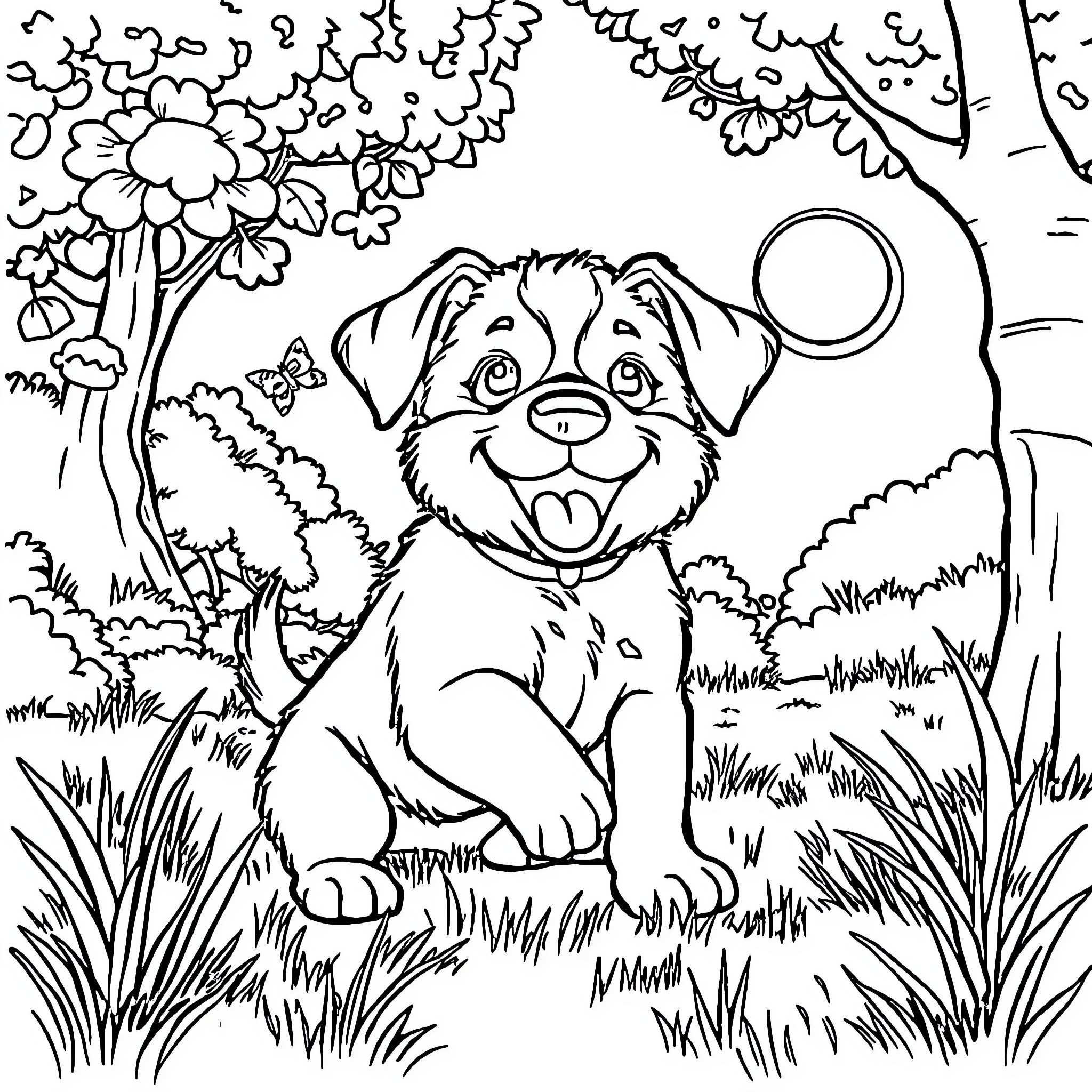 Puppy enjoying the outdoors Coloring Page (free black-and-white line drawing printable PDF for all, from beginners to advanced learners, including children, teens, adults, and seniors)